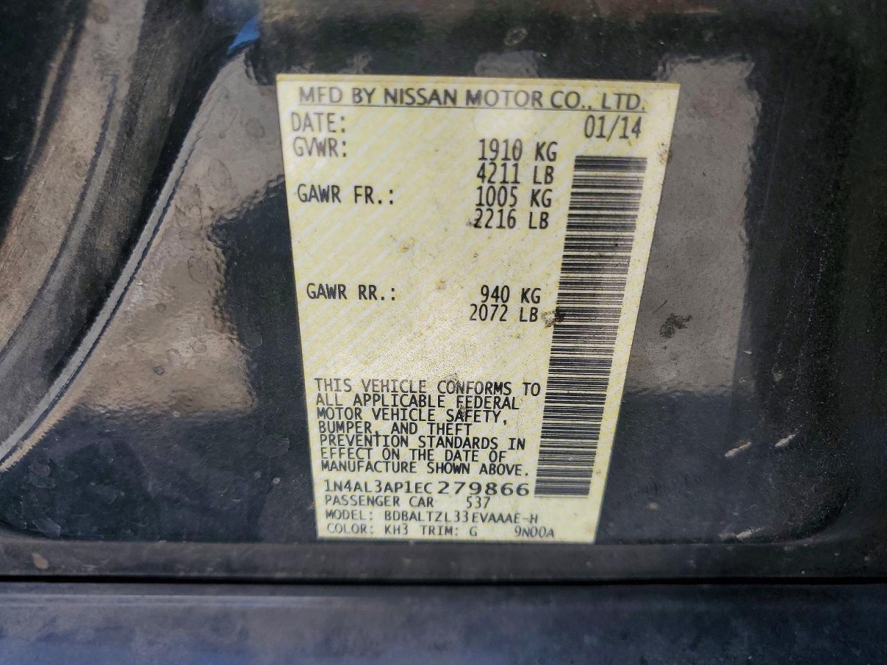 2014 Nissan Altima 2.5 Sv Black vin: 1N4AL3AP1EC279866