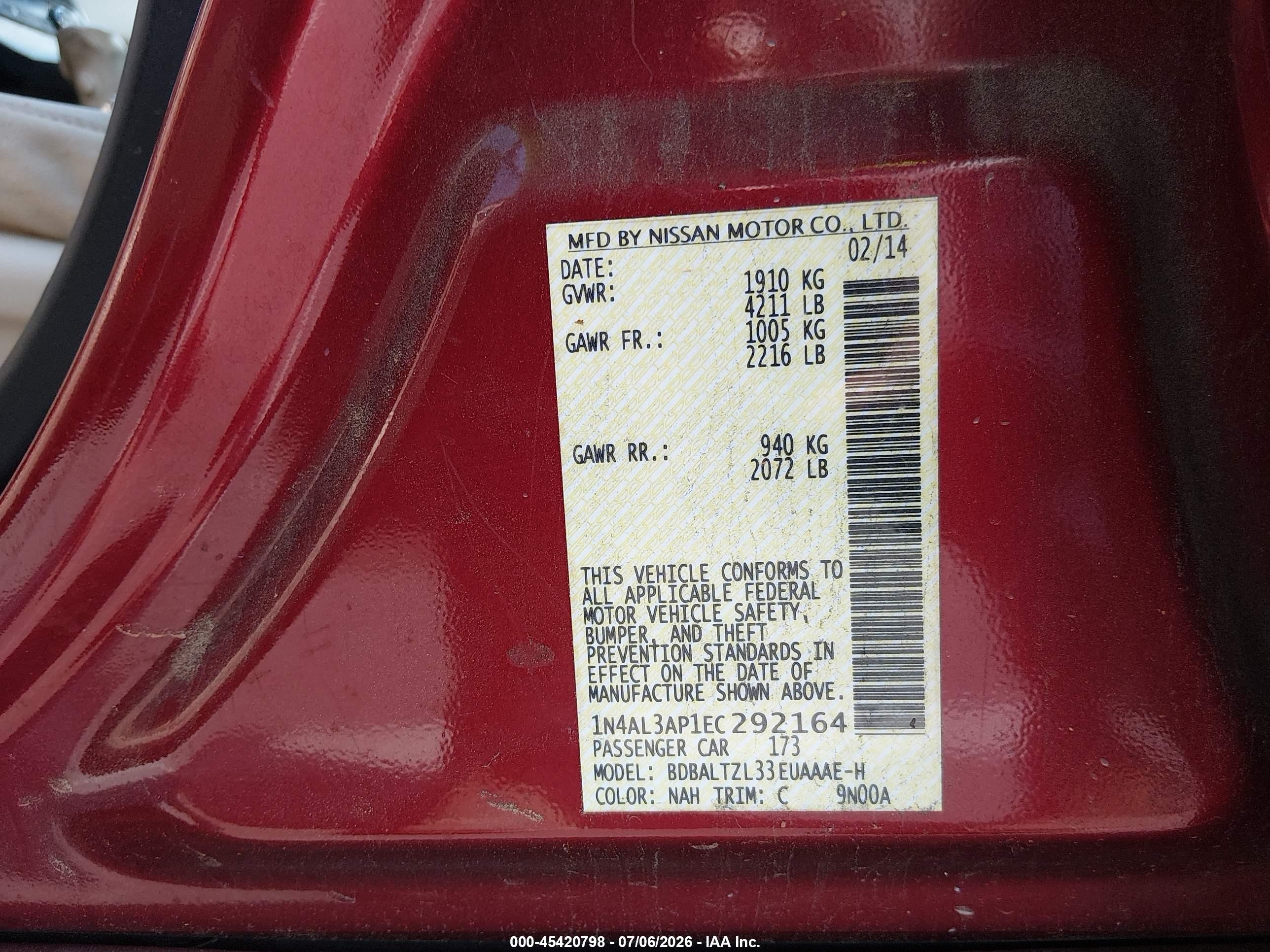 2014 Nissan Altima 2.5 Sv Red vin: 1N4AL3AP1EC292164