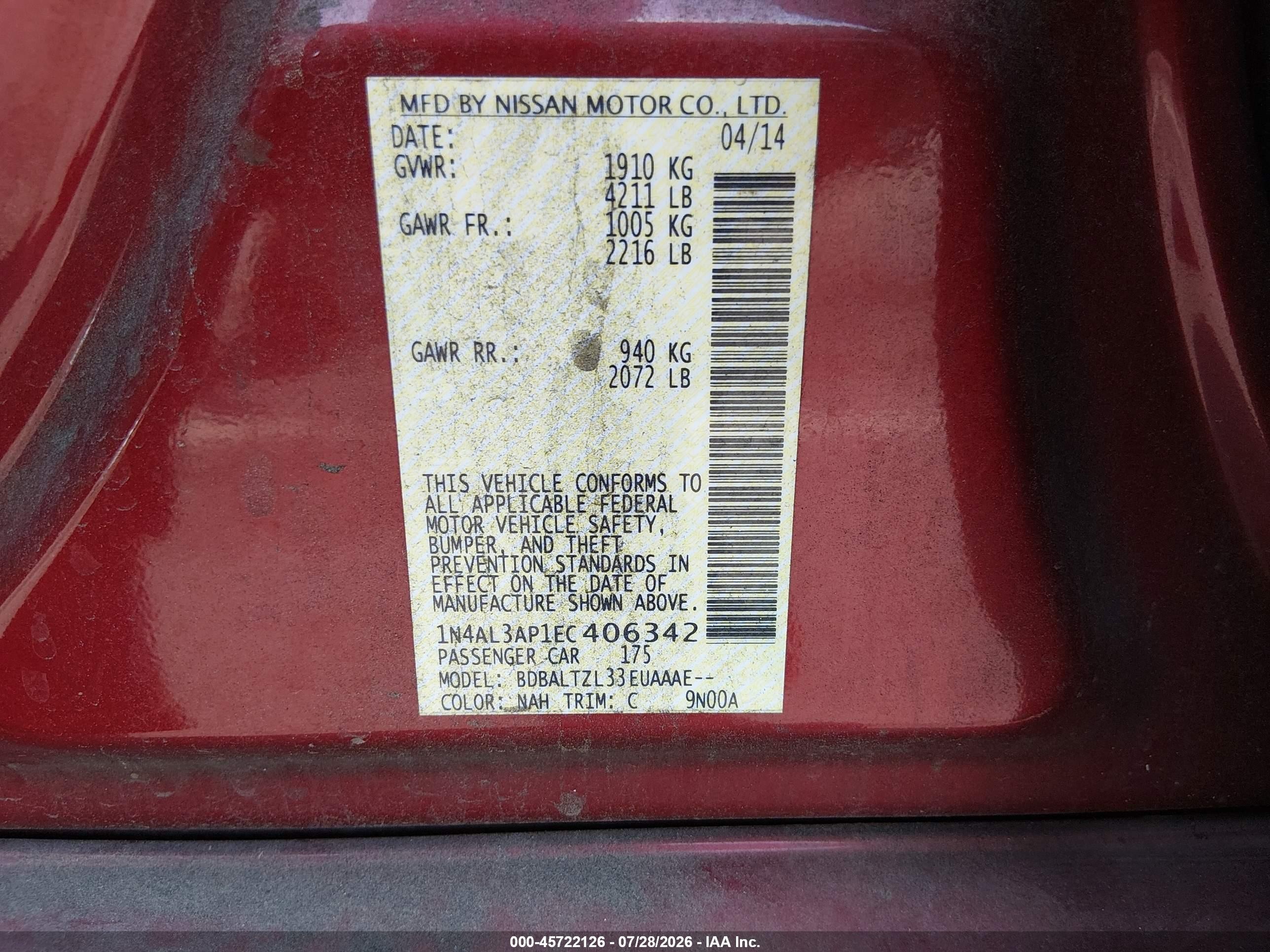 2014 Nissan Altima 2.5 Sv Бордовый vin: 1N4AL3AP1EC406342