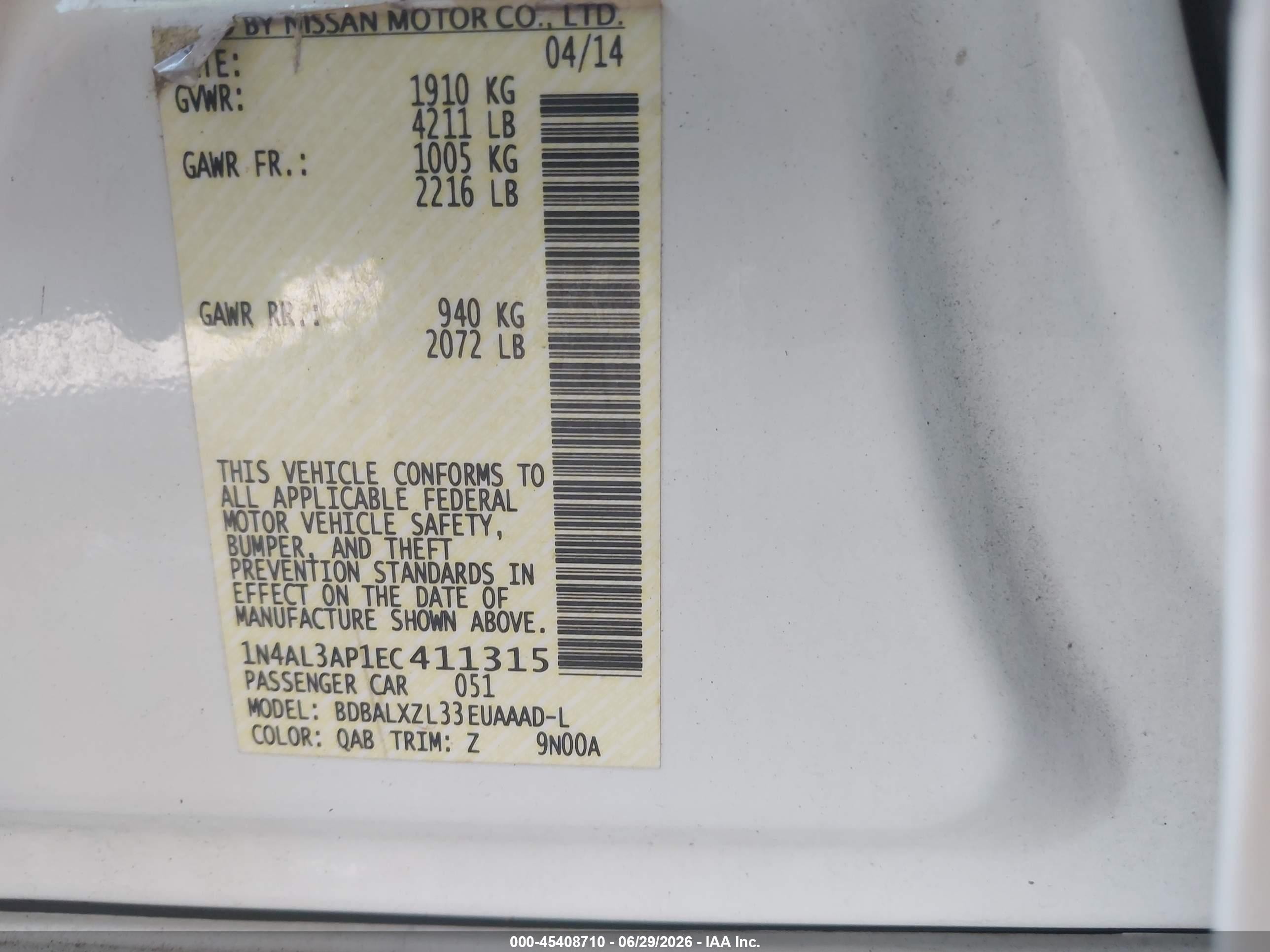 2014 Nissan Altima 2.5 Sl White vin: 1N4AL3AP1EC411315