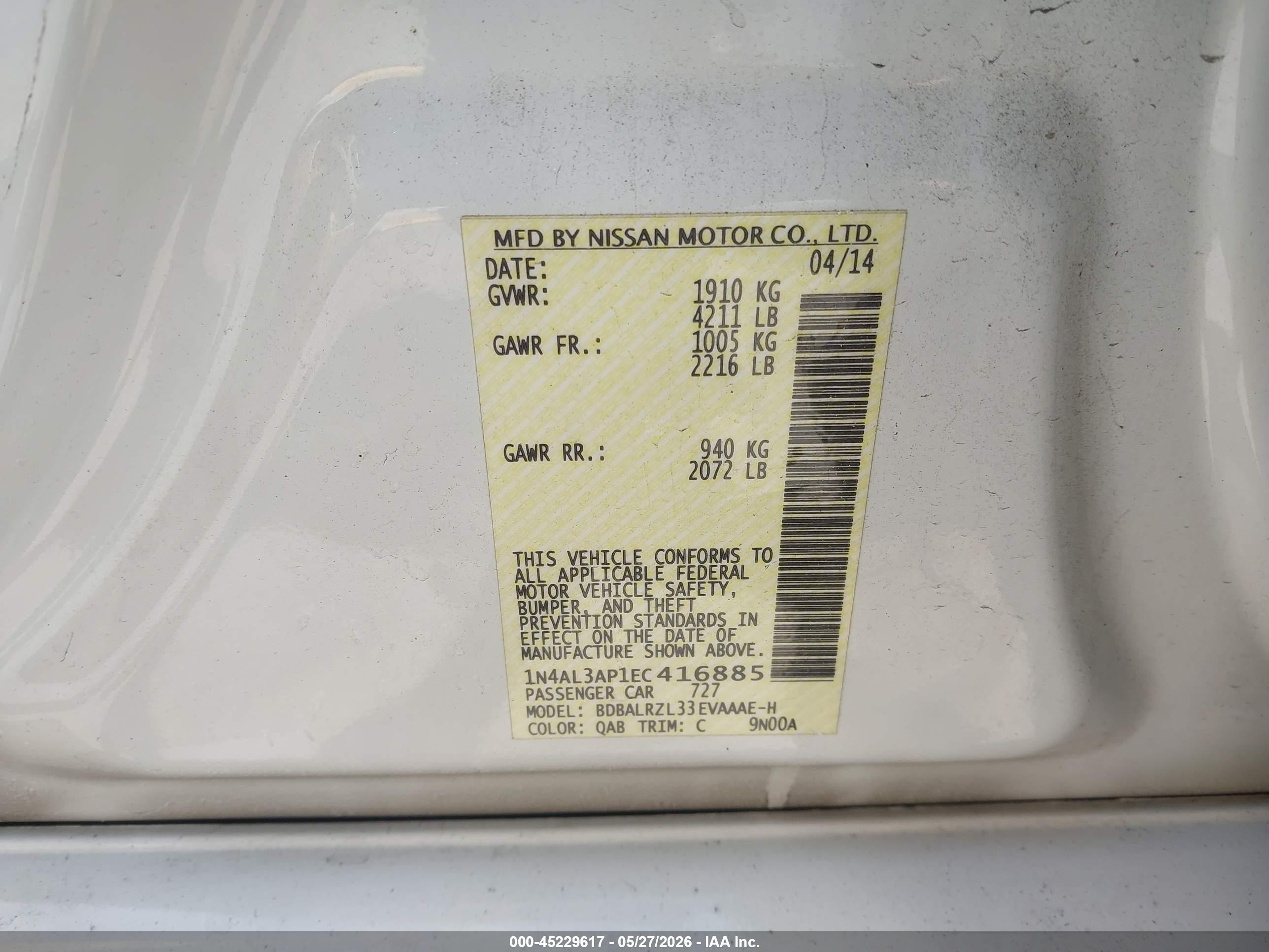 2014 Nissan Altima 2.5 S White vin: 1N4AL3AP1EC416885