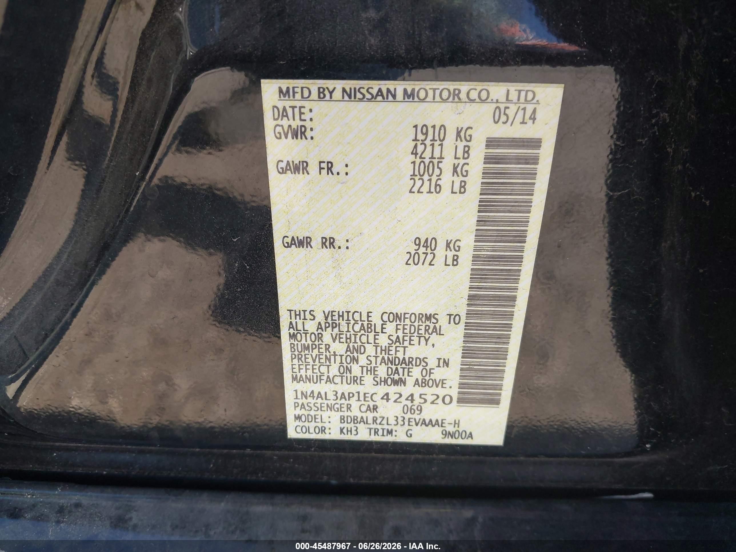 2014 Nissan Altima 2.5 S Black vin: 1N4AL3AP1EC424520