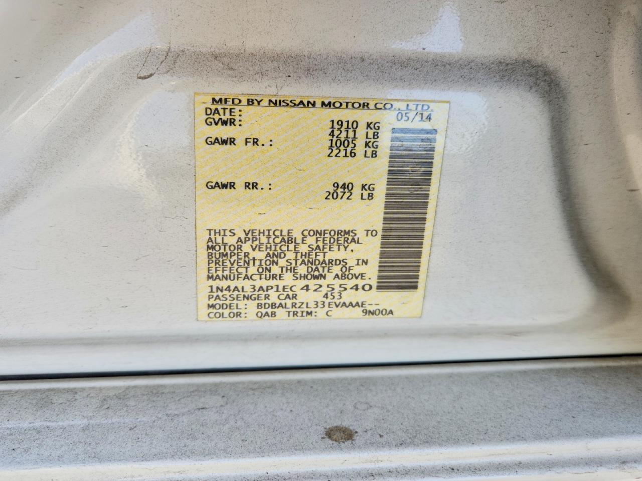 2014 Nissan Altima 2.5 S White vin: 1N4AL3AP1EC425540