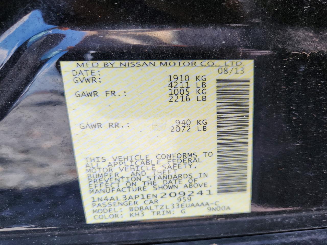 2014 Nissan Altima 2.5 Black vin: 1N4AL3AP1EN209241