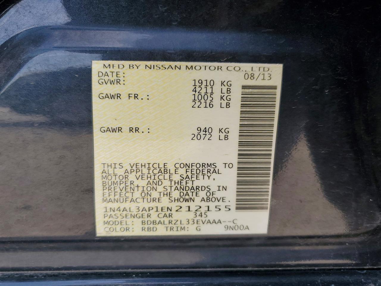 2014 Nissan Altima 2.5 Charcoal vin: 1N4AL3AP1EN212155