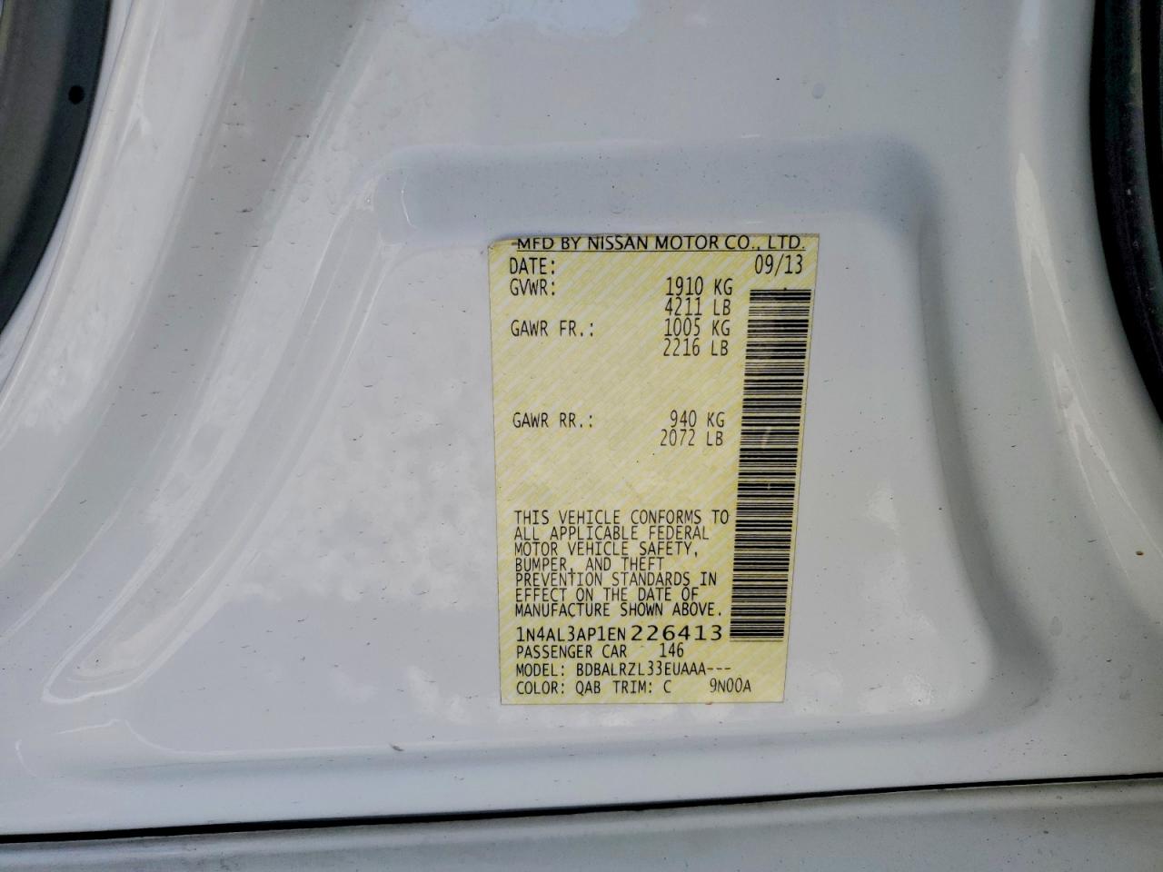 2014 Nissan Altima Белый vin: 1N4AL3AP1EN226413