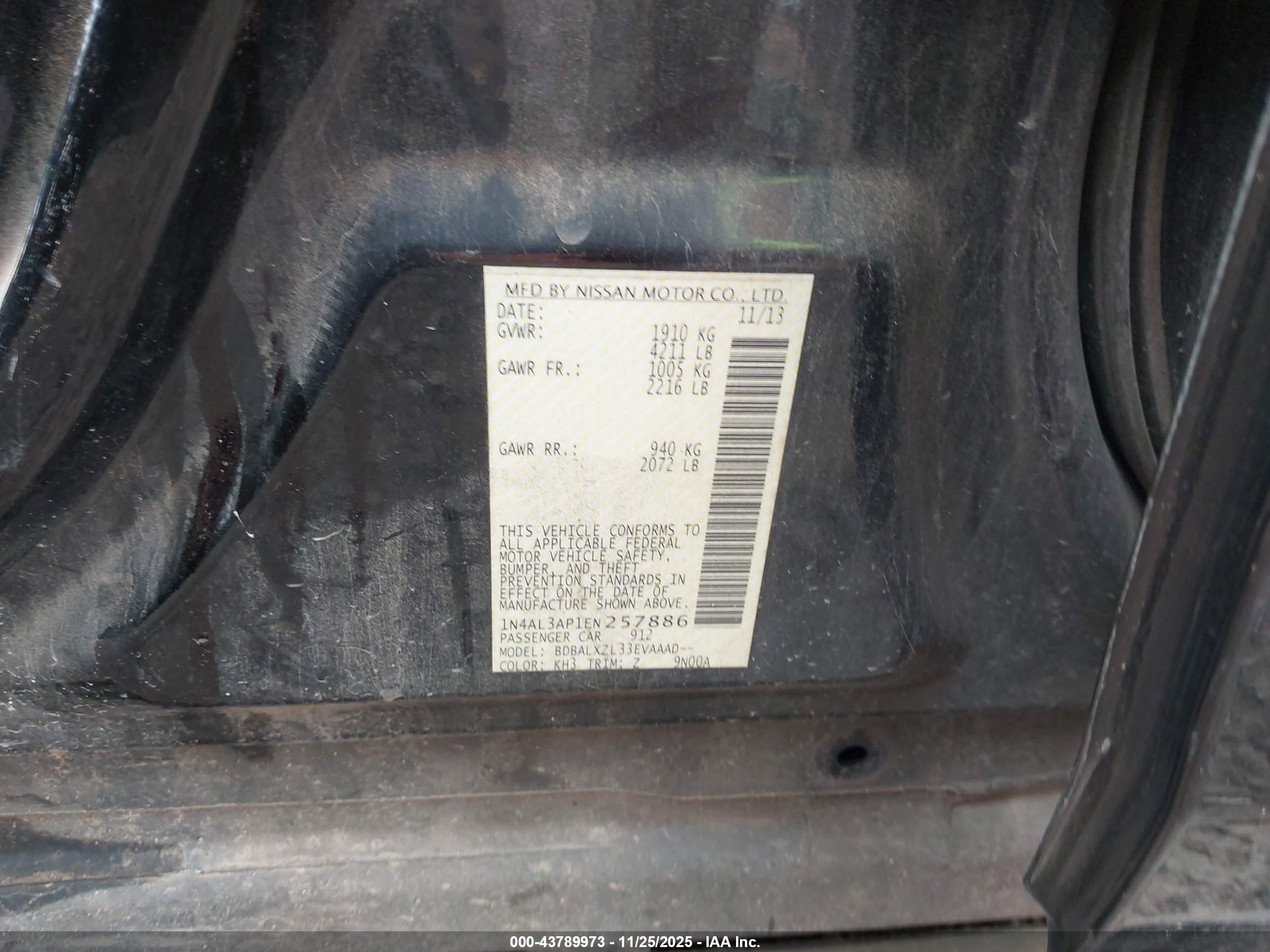 2014 Nissan Altima 2.5 Sl Black vin: 1N4AL3AP1EN257886