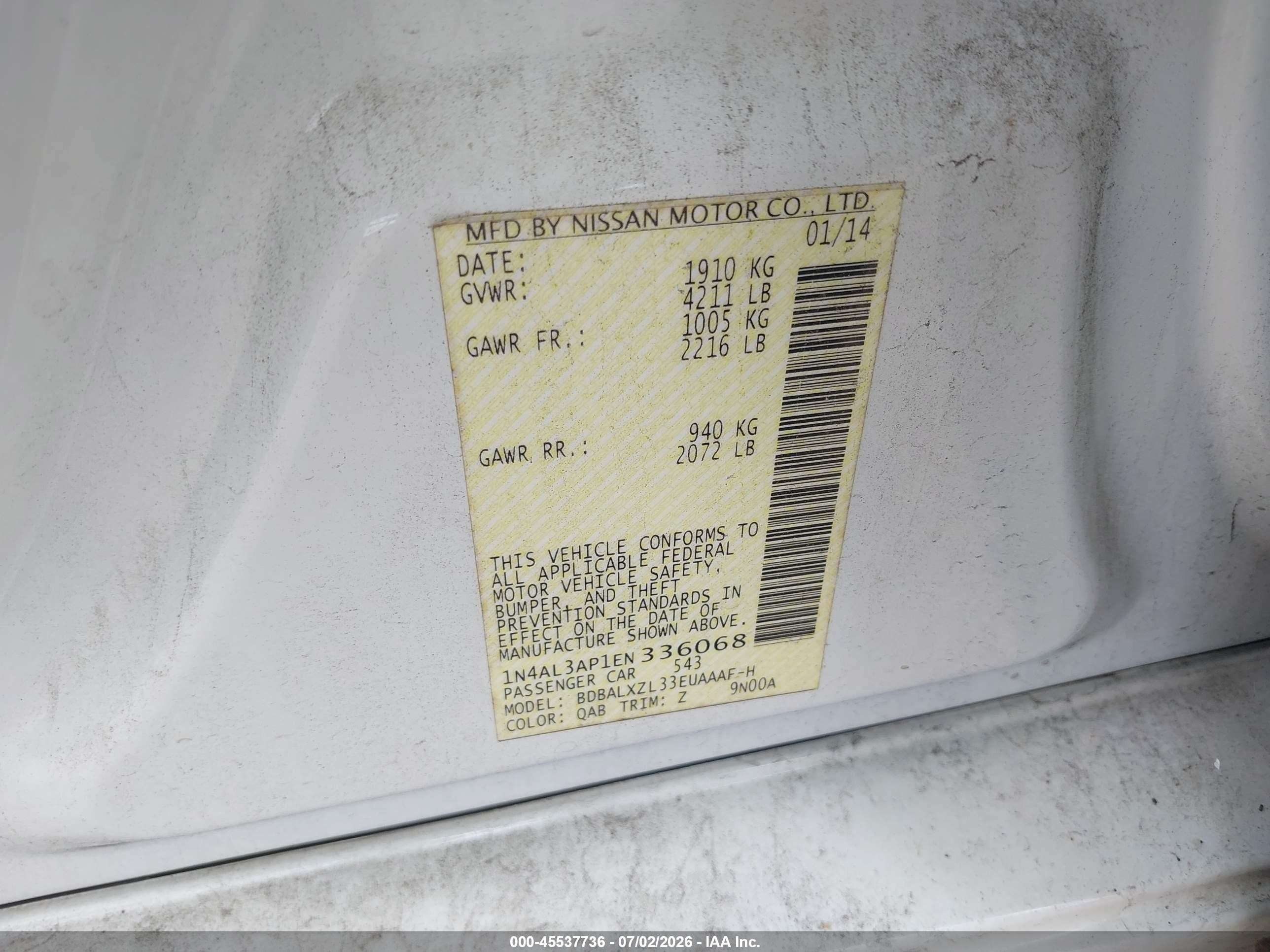 2014 Nissan Altima 2.5 Sl White vin: 1N4AL3AP1EN336068