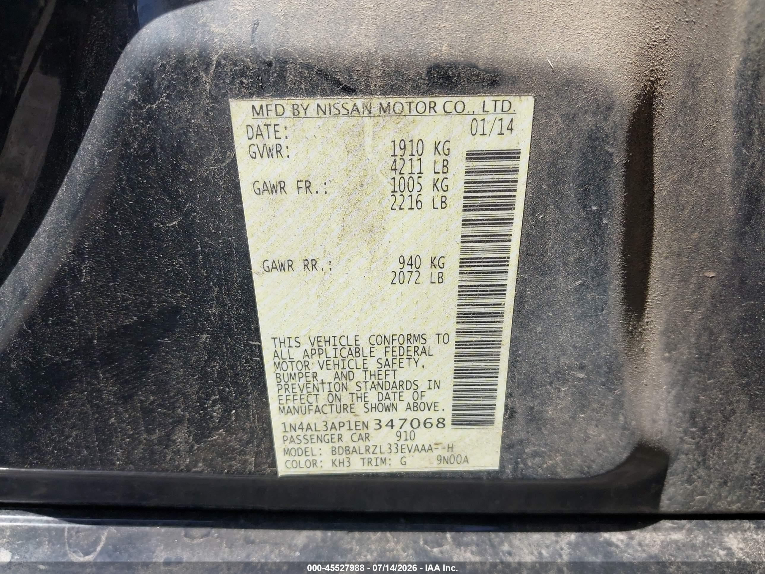 2014 Nissan Altima 2.5/s/sv/sl Черный vin: 1N4AL3AP1EN347068
