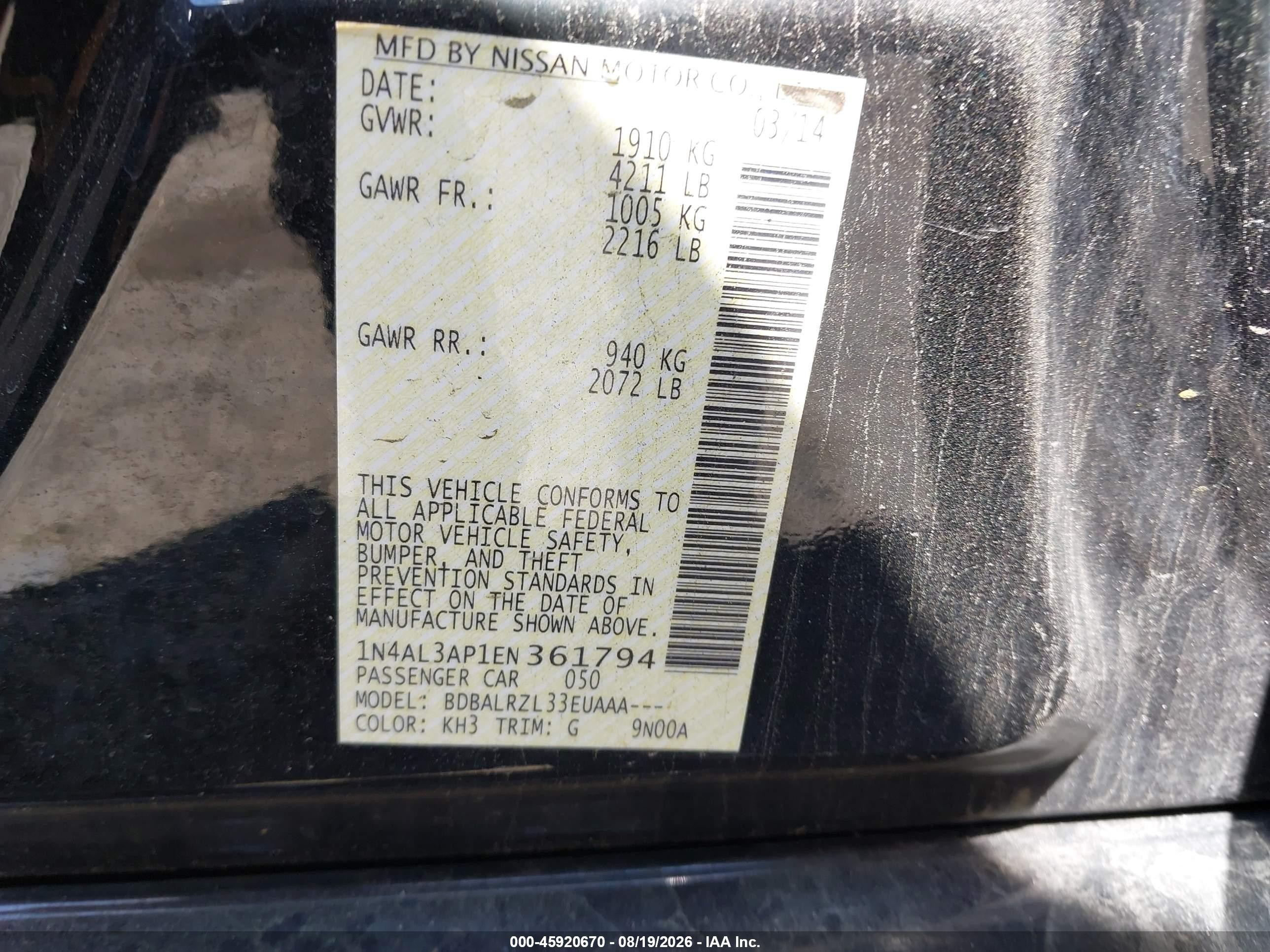 2014 Nissan Altima 2.5 S Black vin: 1N4AL3AP1EN361794