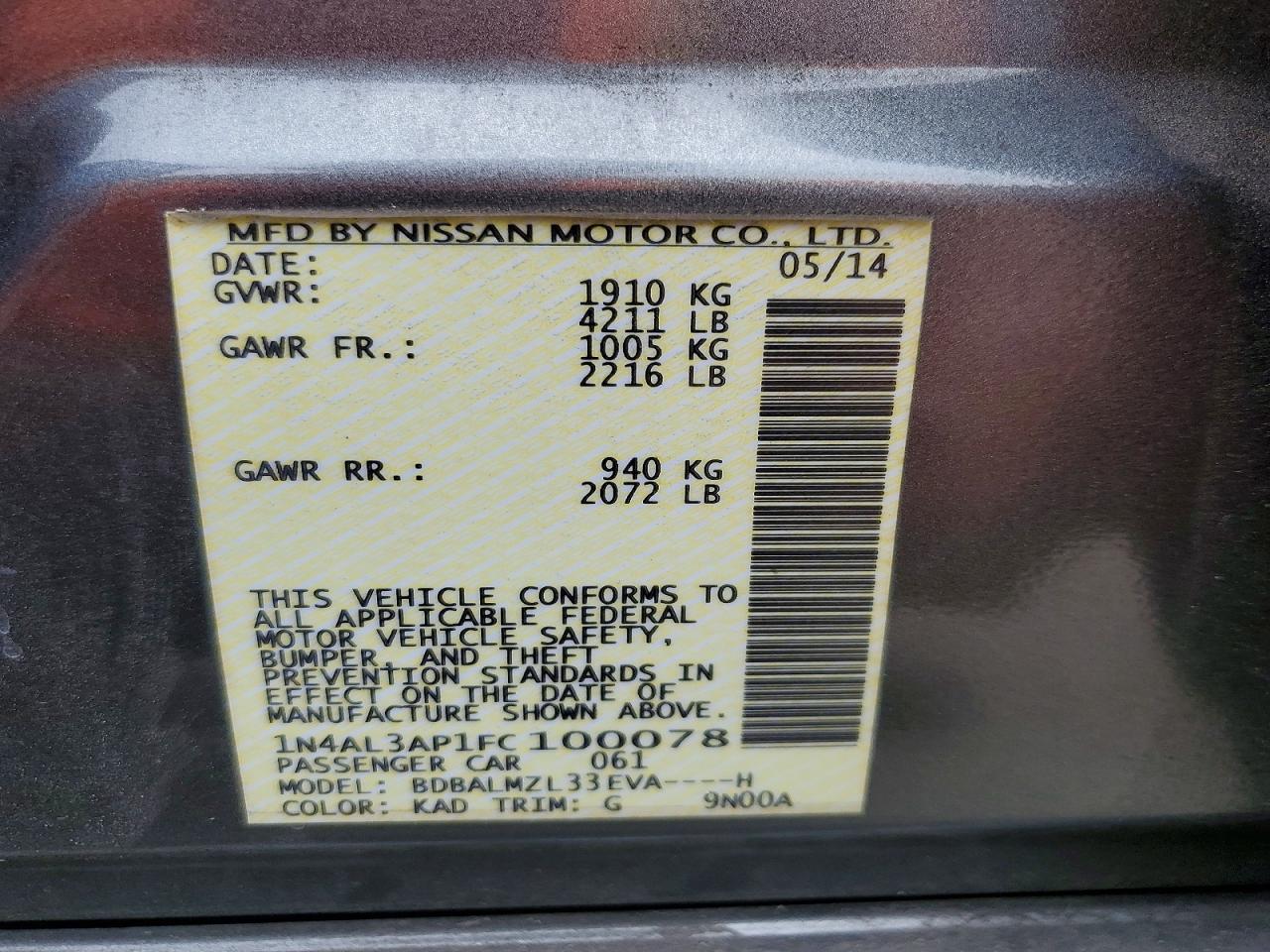 2015 Nissan Altima 2.5 Sv Gray vin: 1N4AL3AP1FC100078