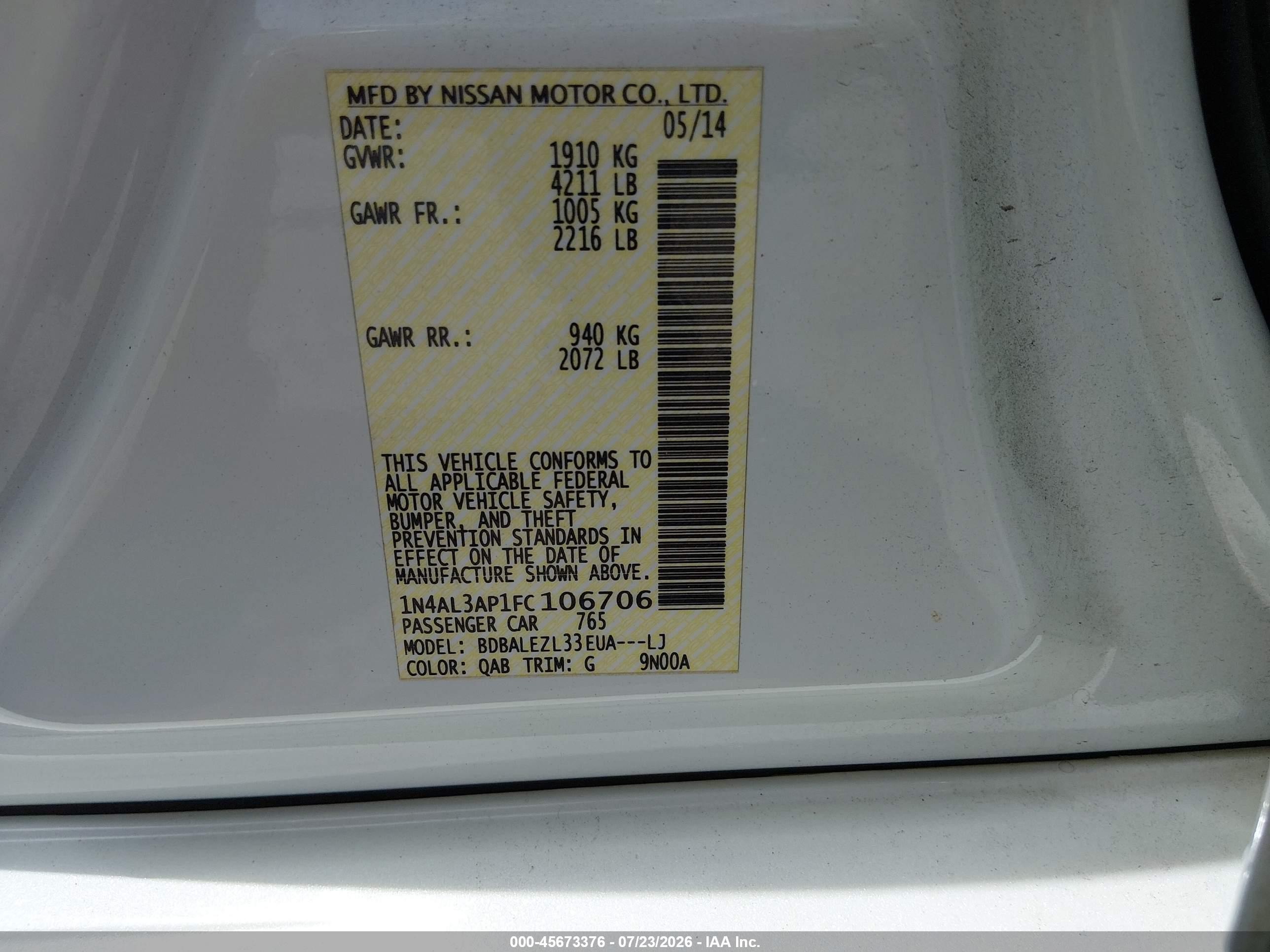2015 Nissan Altima 2.5 S White vin: 1N4AL3AP1FC106706