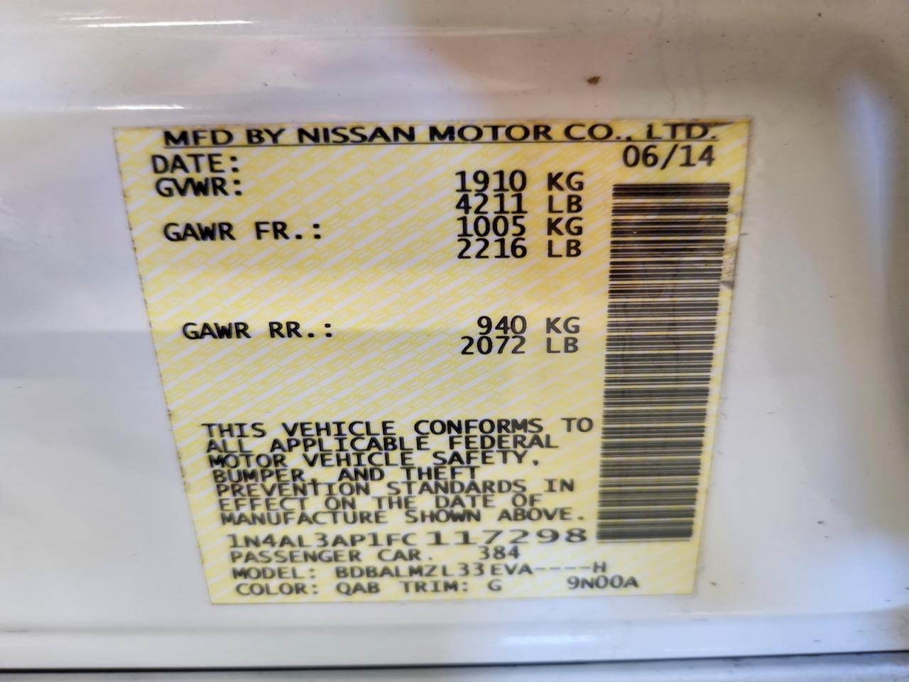 2015 Nissan Altima 2.5 Sv White vin: 1N4AL3AP1FC117298