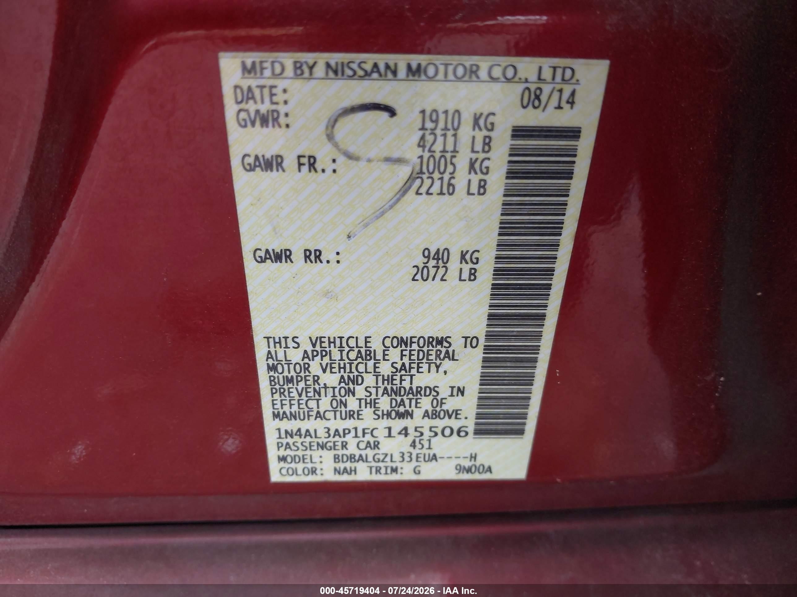 2015 Nissan Altima 2.5 S Red vin: 1N4AL3AP1FC145506