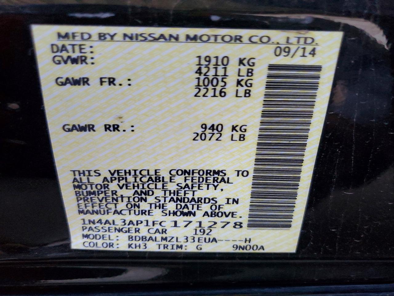 2015 Nissan Altima 2.5 Sv Black vin: 1N4AL3AP1FC171278