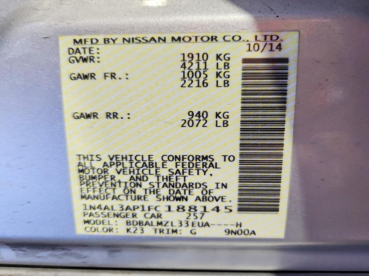 2015 Nissan Altima Silver vin: 1N4AL3AP1FC188145
