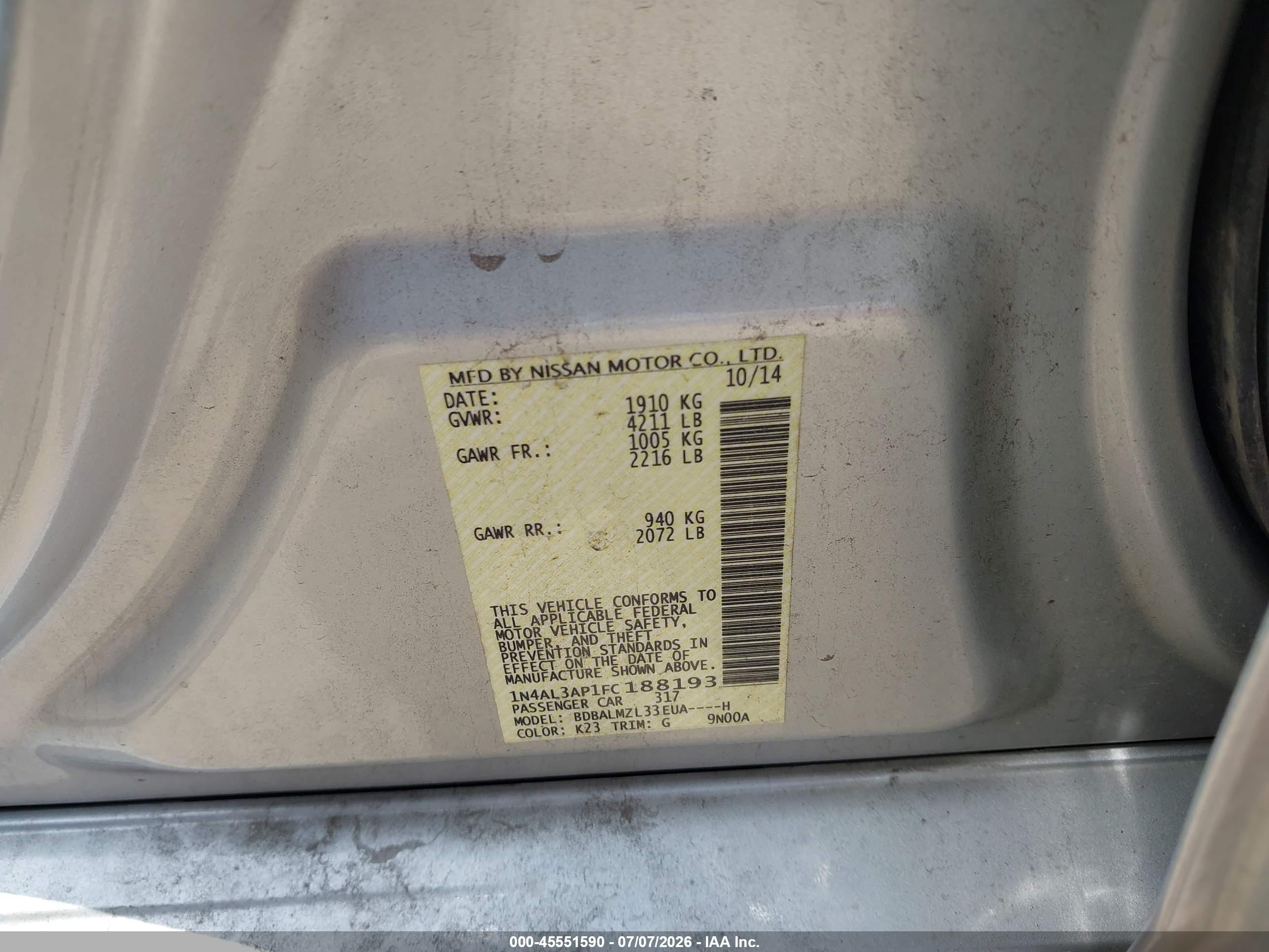 2015 Nissan Altima 2.5 Sv Серебряный vin: 1N4AL3AP1FC188193