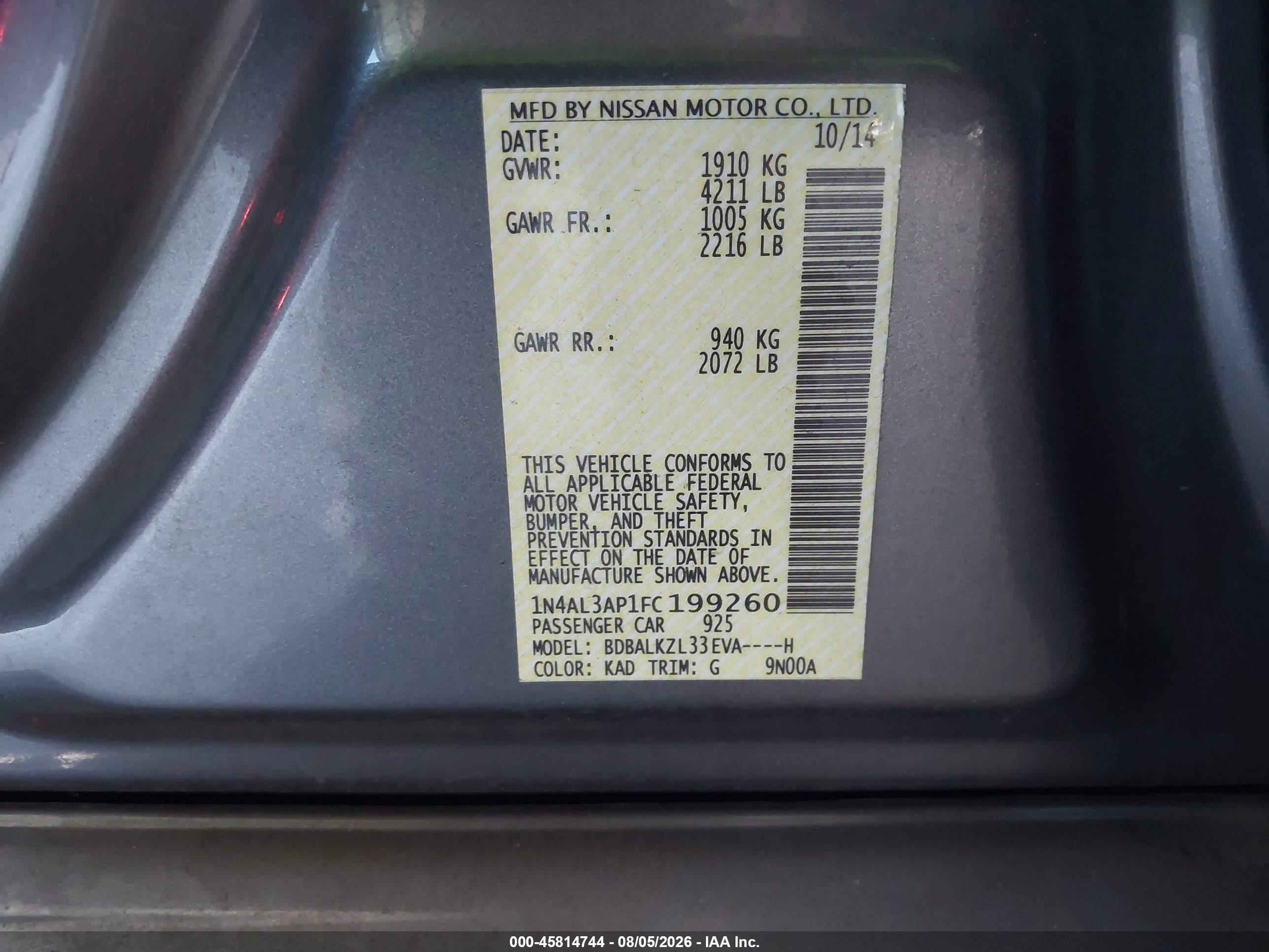 2015 Nissan Altima 2.5 Sv Gray vin: 1N4AL3AP1FC199260