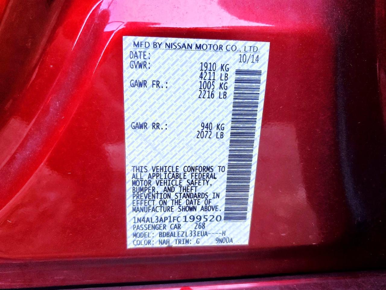 2015 Nissan Altima 2.5 S Red vin: 1N4AL3AP1FC199520