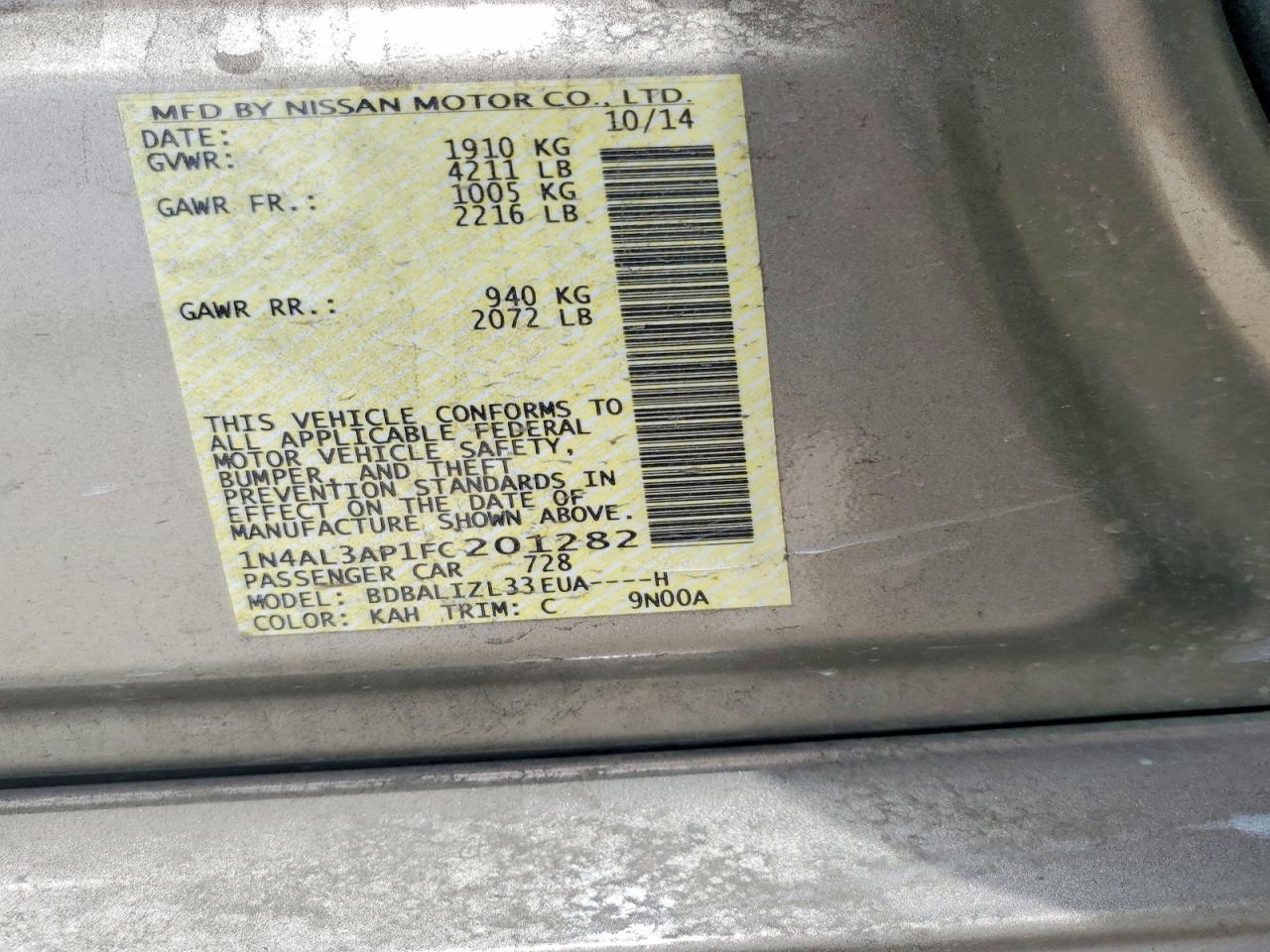 2015 Nissan Altima 2.5 Sv Tan vin: 1N4AL3AP1FC201282