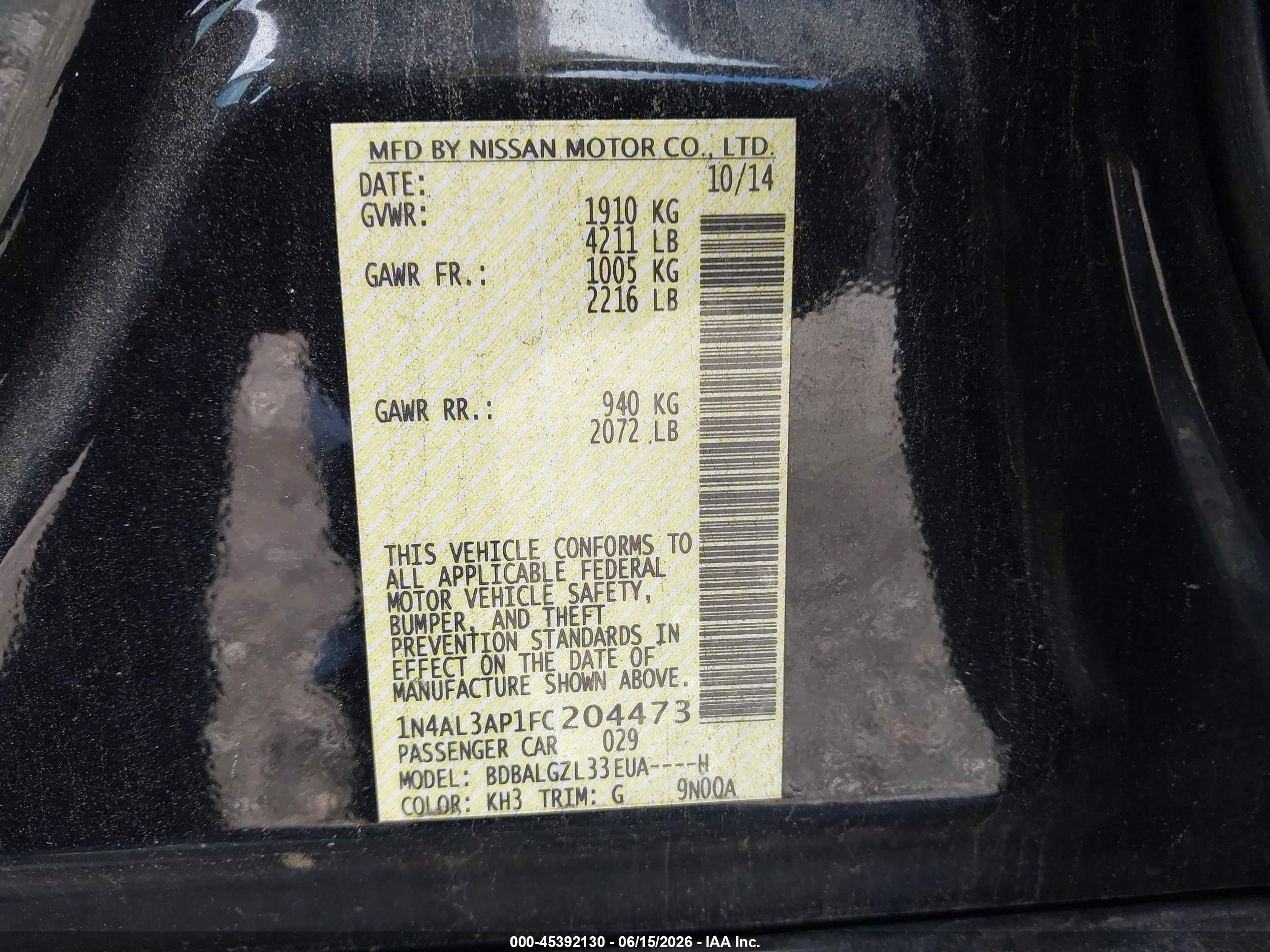 2015 Nissan Altima 2.5 S Black vin: 1N4AL3AP1FC204473