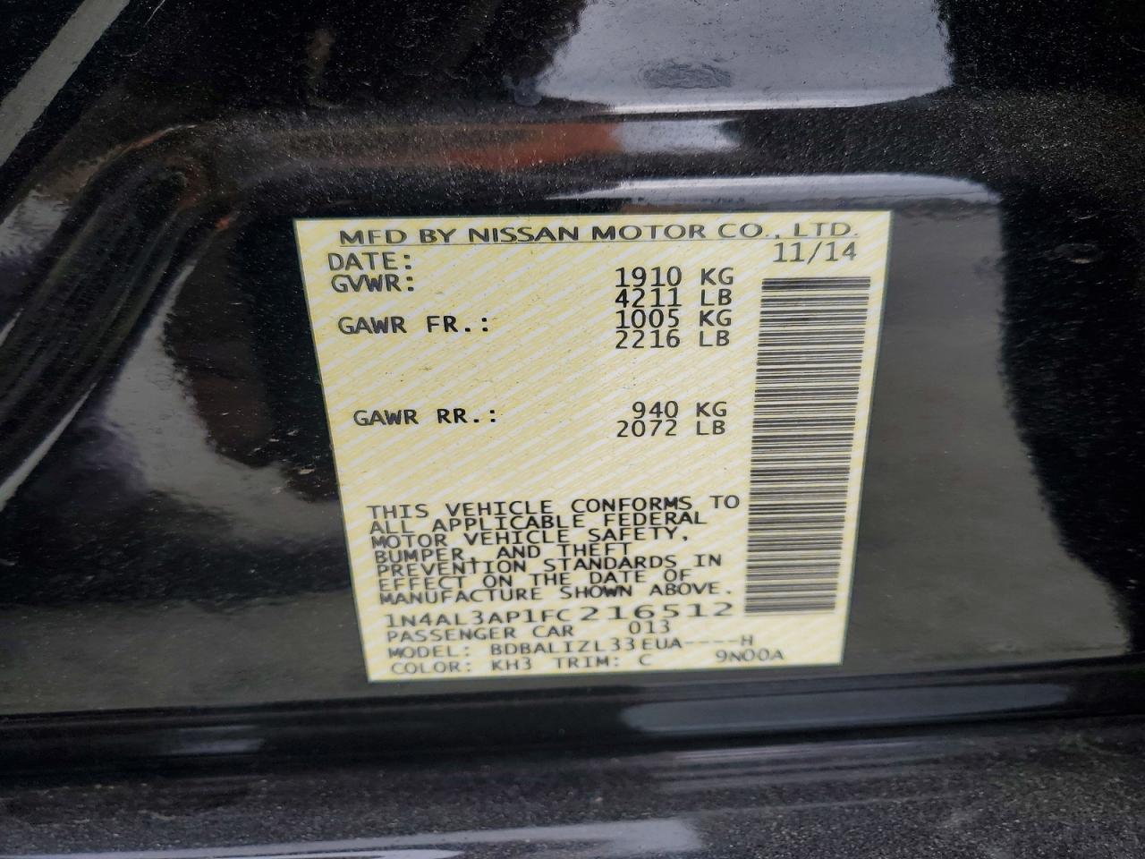 2015 Nissan Altima 2.5 Sv Black vin: 1N4AL3AP1FC216512
