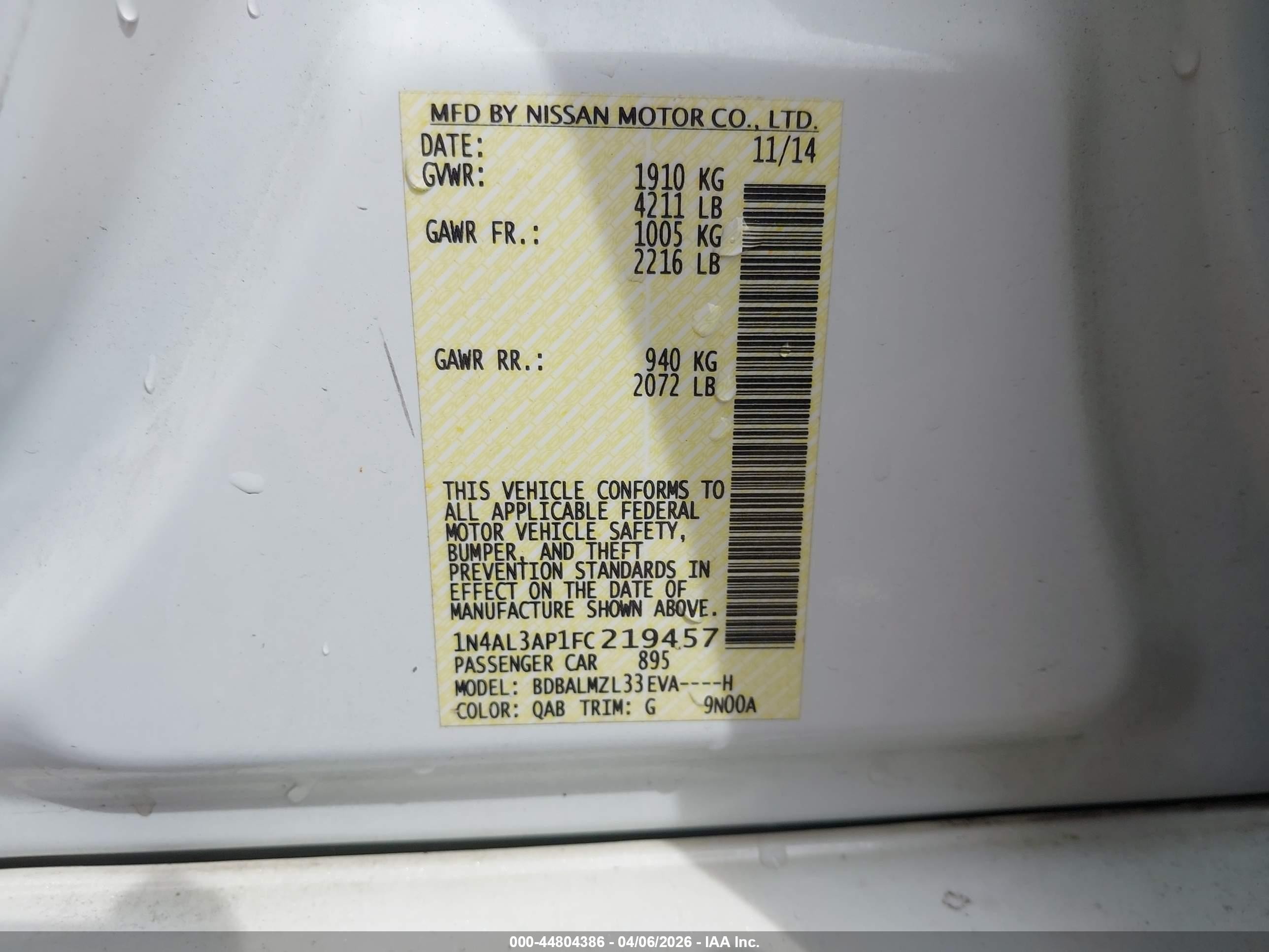 2015 Nissan Altima 2.5 Sv White vin: 1N4AL3AP1FC219457