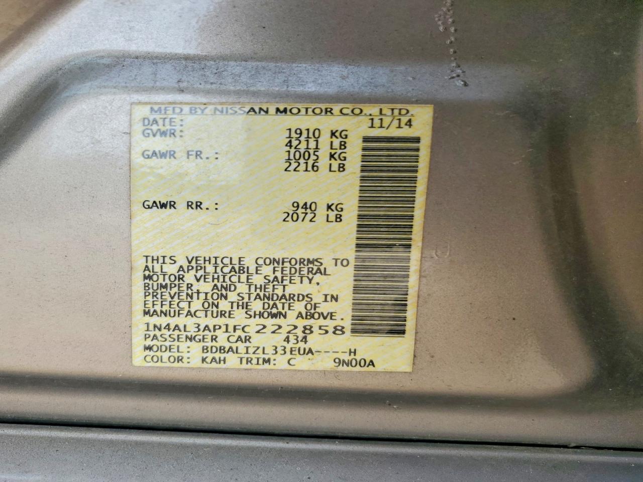 2015 Nissan Altima 2.5 Sv Tan vin: 1N4AL3AP1FC222858