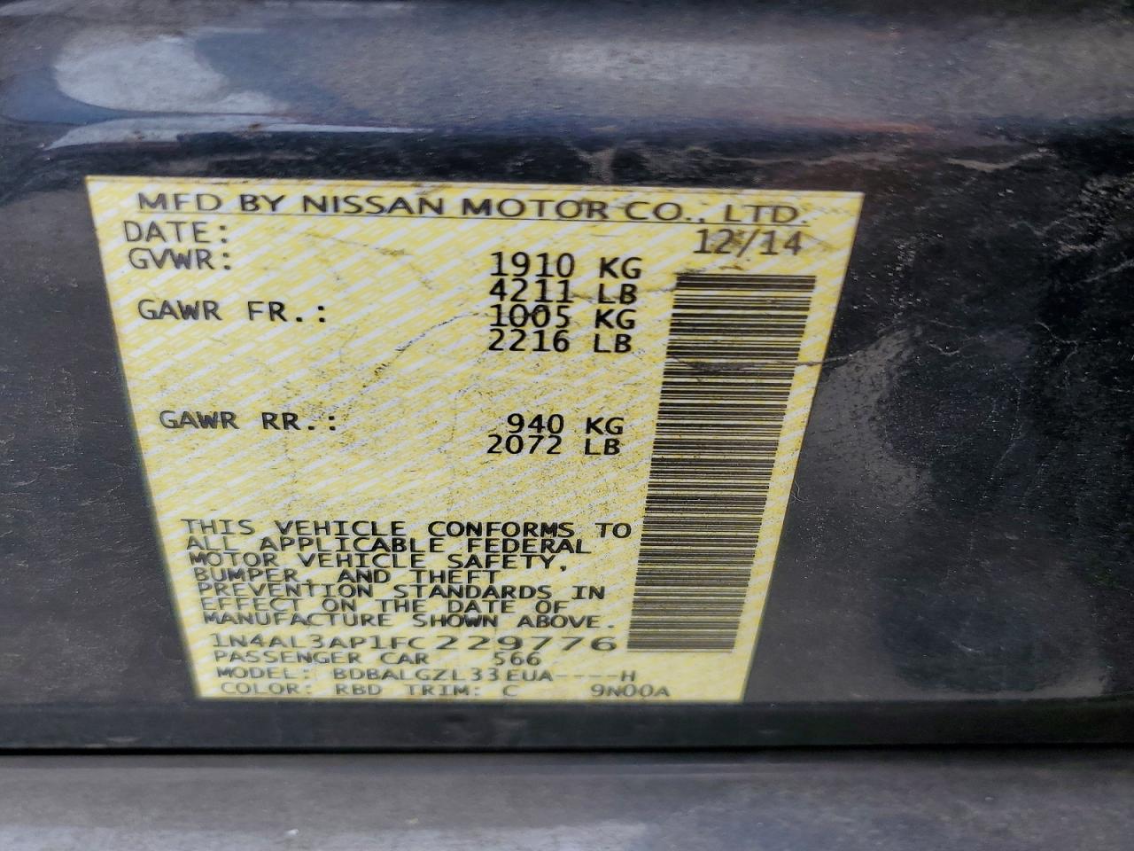 2015 Nissan Altima 2.5 S Black vin: 1N4AL3AP1FC229776