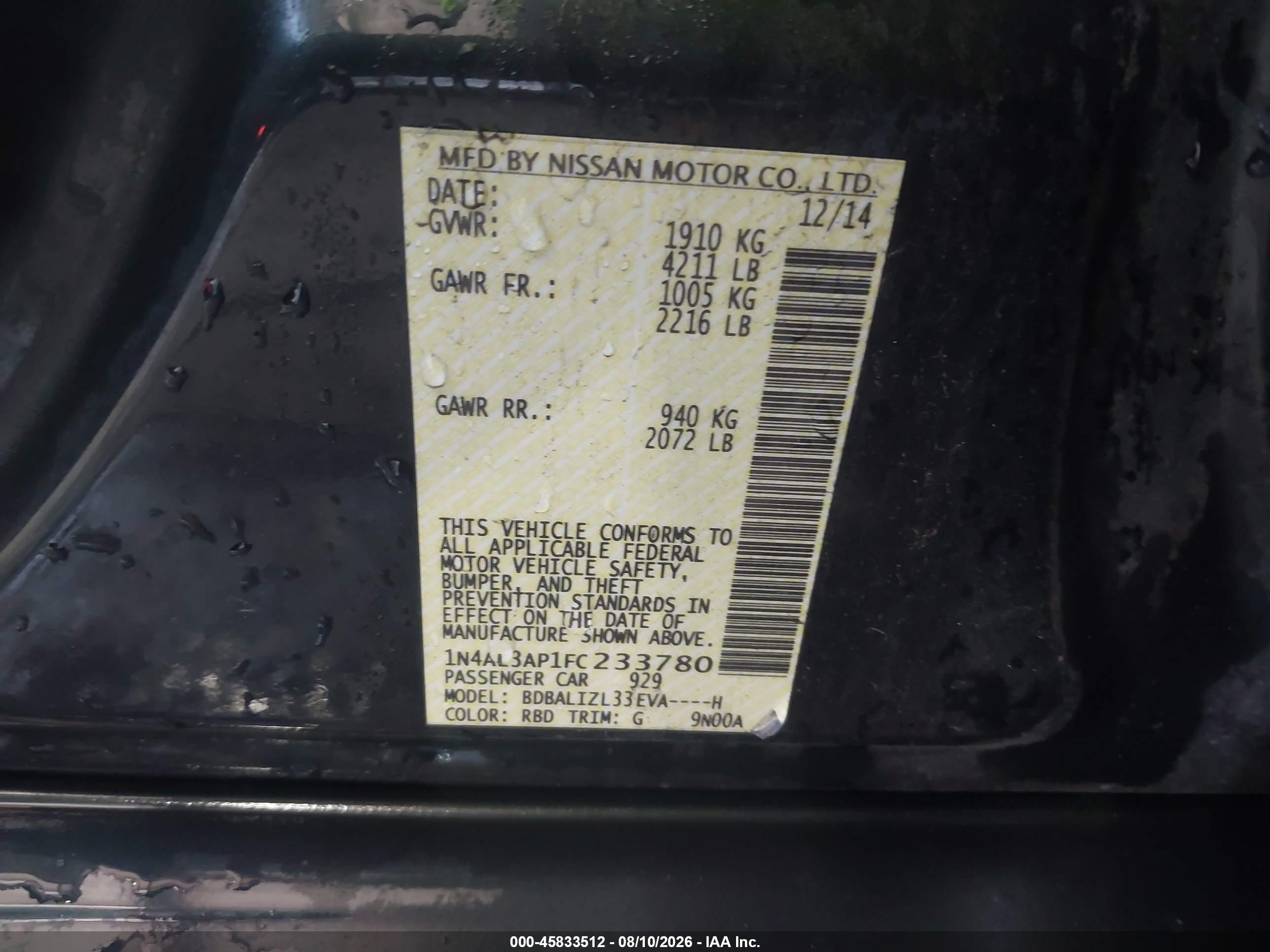 2015 Nissan Altima 2.5 Sv Blue vin: 1N4AL3AP1FC233780