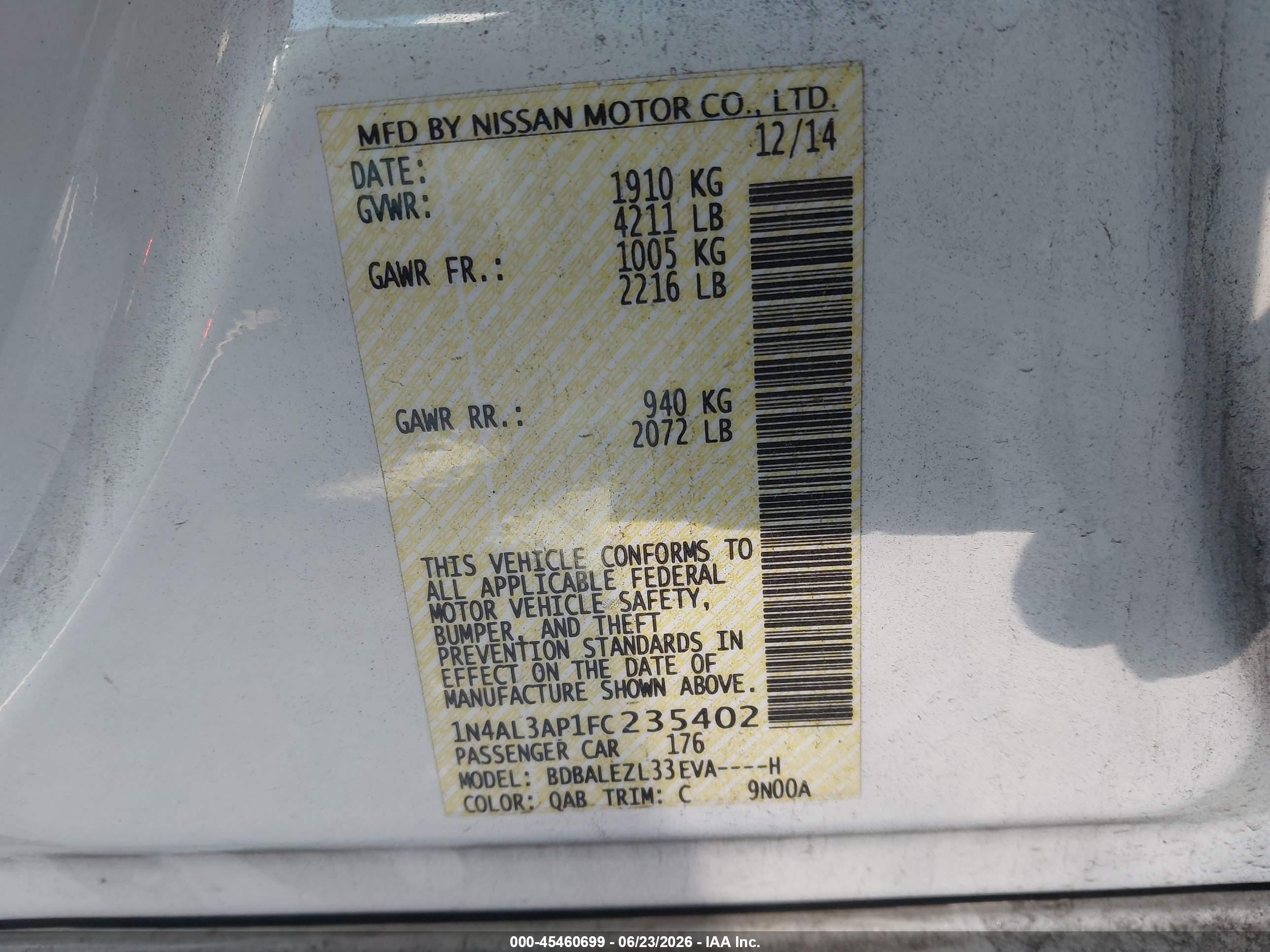 2015 Nissan Altima 2.5 S White vin: 1N4AL3AP1FC235402