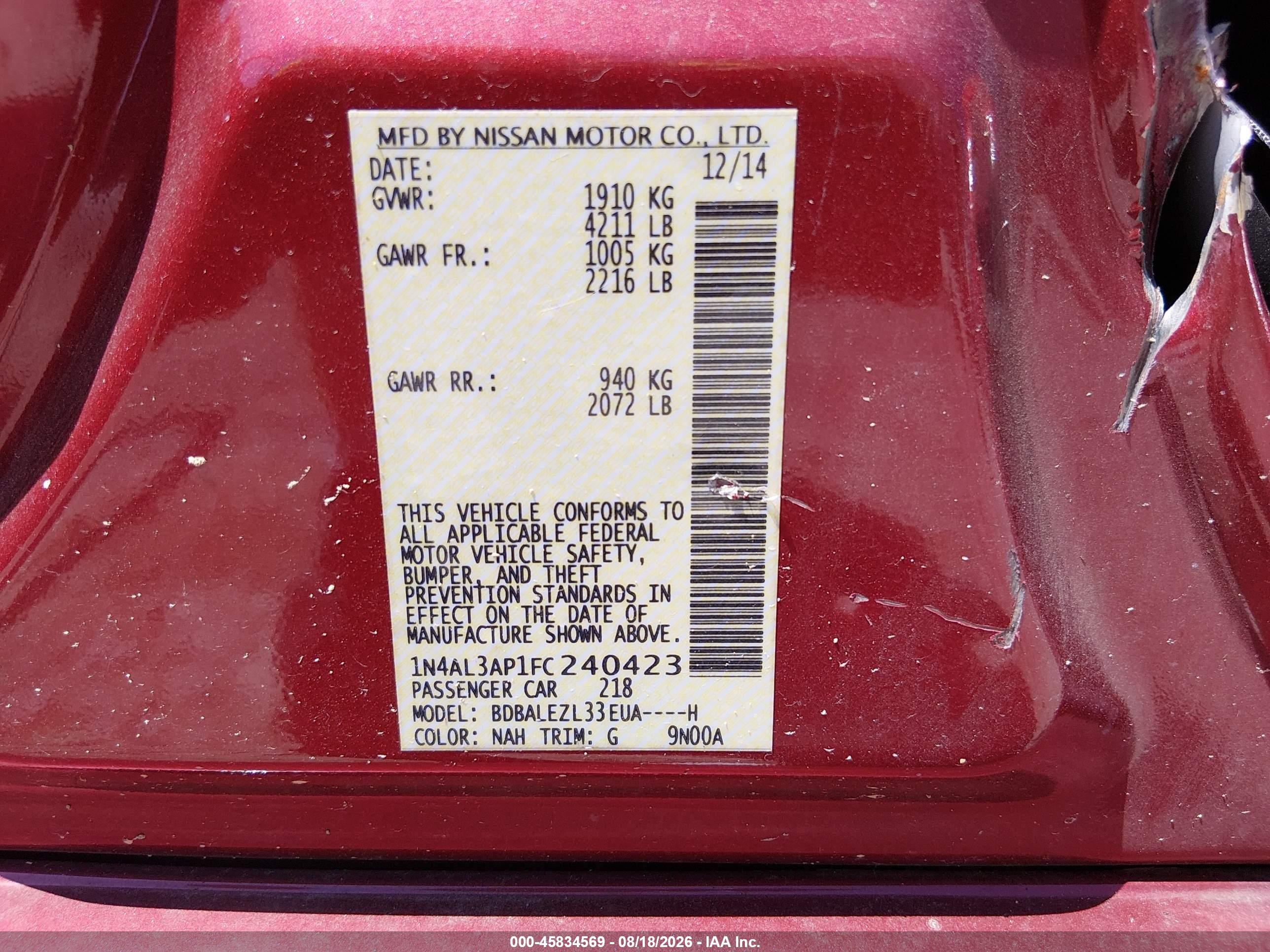 2015 Nissan Altima 2.5 S Red vin: 1N4AL3AP1FC240423