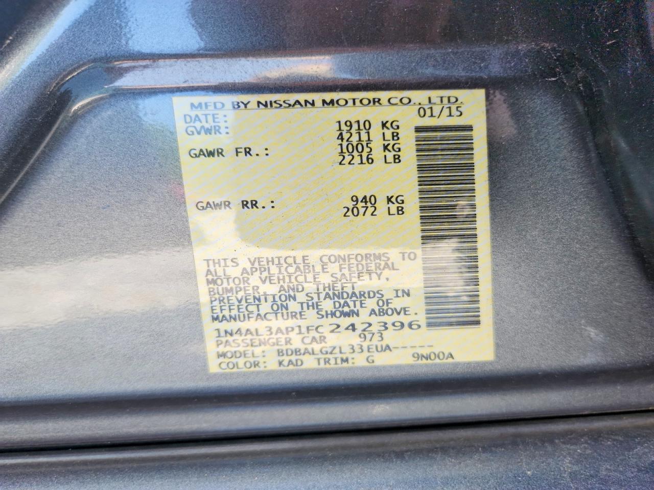2015 Nissan Altima 2.5 S Серый vin: 1N4AL3AP1FC242396