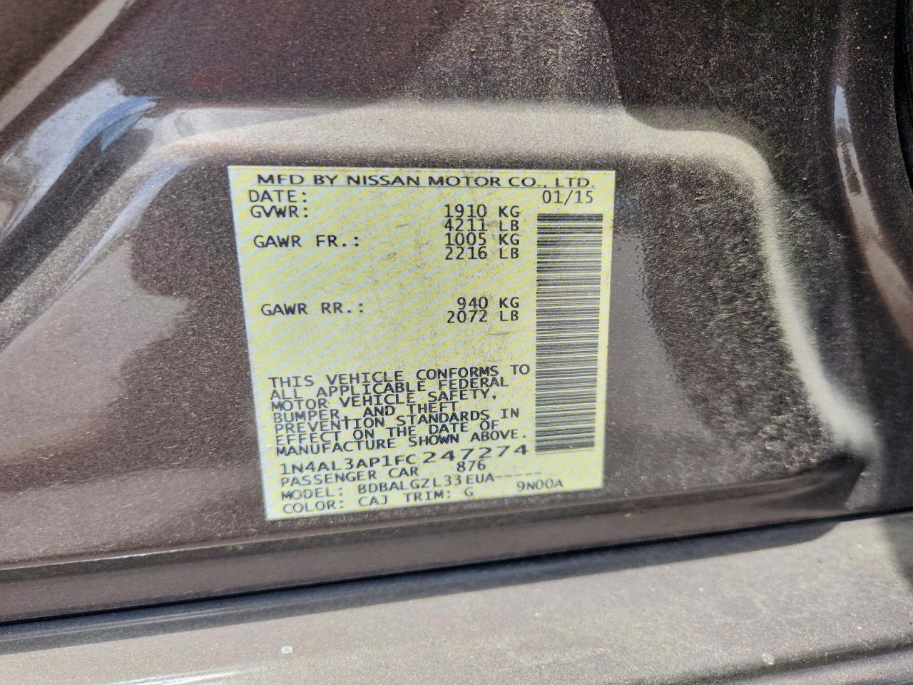 2015 Nissan Altima 2.5 S Charcoal vin: 1N4AL3AP1FC247274