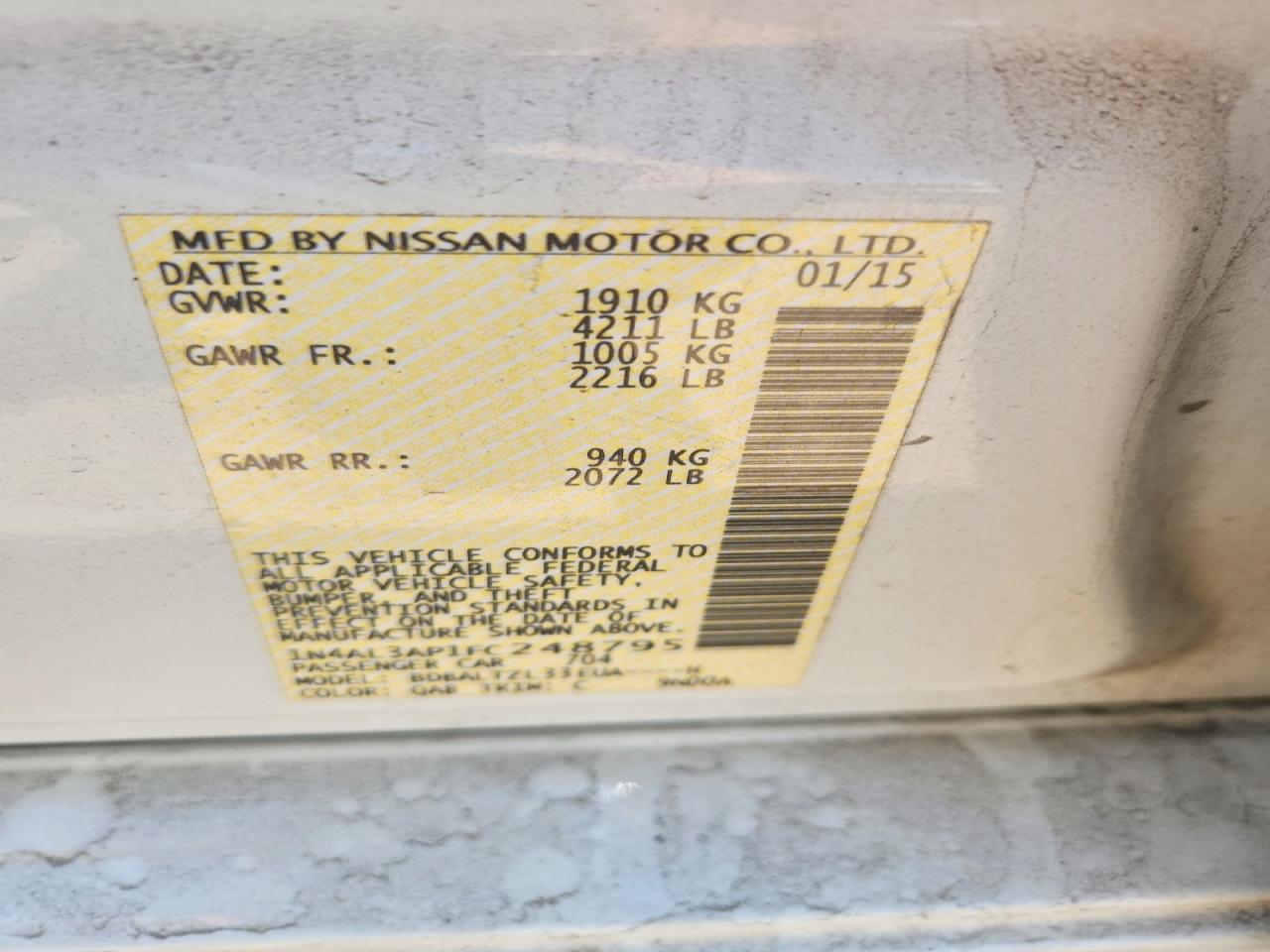 2015 Nissan Altima 2.5 Sl White vin: 1N4AL3AP1FC248795