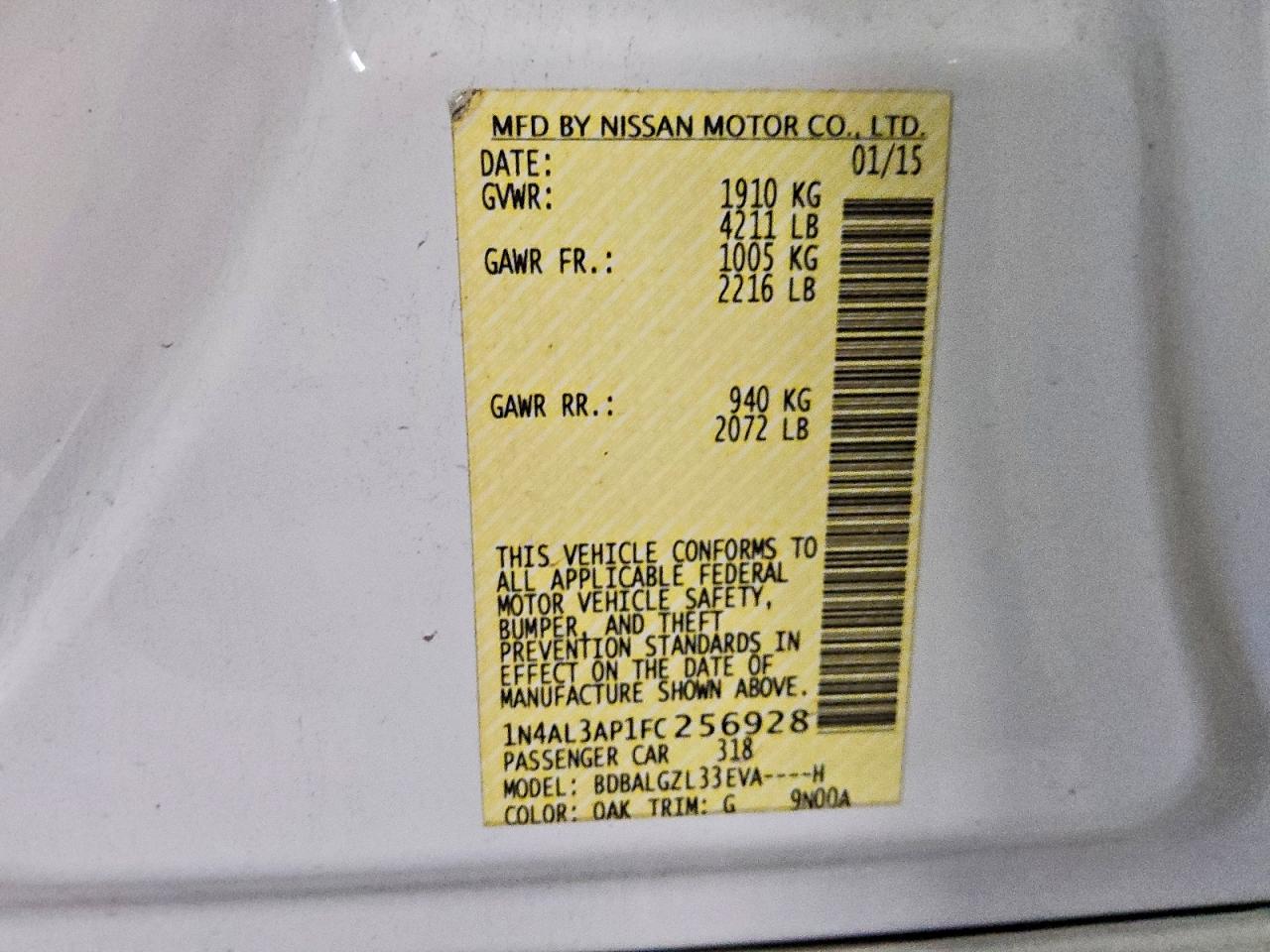 2015 Nissan Altima 2.5 S Белый vin: 1N4AL3AP1FC256928