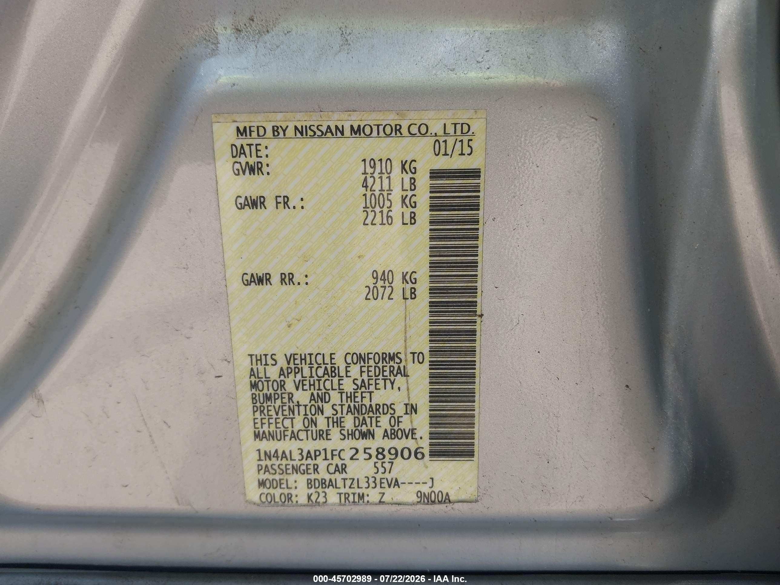 2015 Nissan Altima 2.5 Sl Серебряный vin: 1N4AL3AP1FC258906