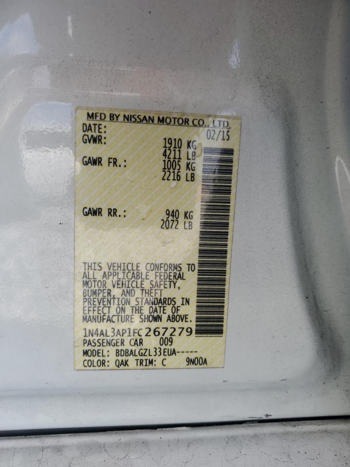 2015 Nissan Altima 2.5 White vin: 1N4AL3AP1FC267279