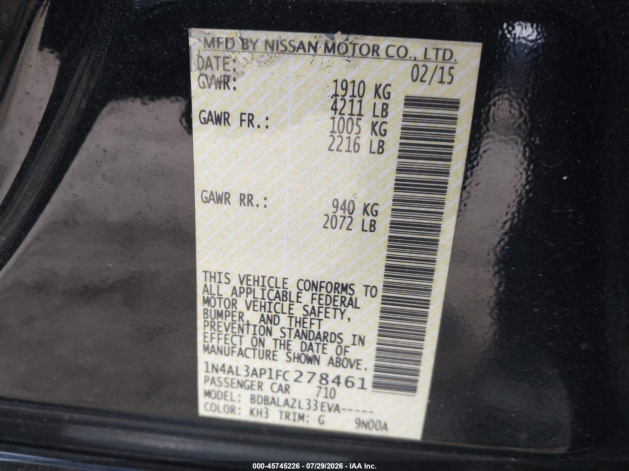 2015 Nissan Altima 2.5 Black vin: 1N4AL3AP1FC278461