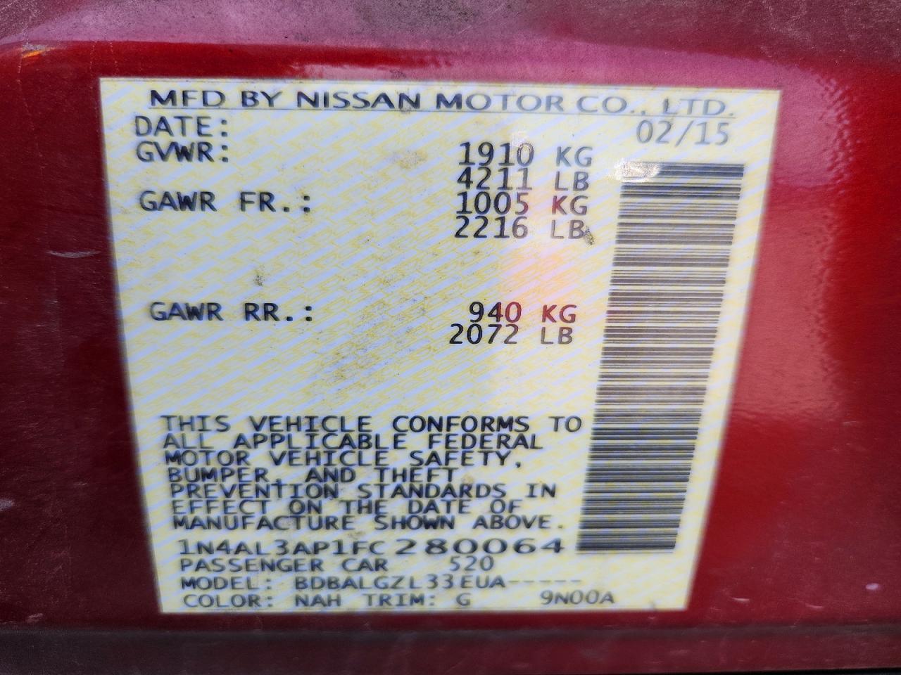 2015 Nissan Altima 2.5 S Red vin: 1N4AL3AP1FC280064
