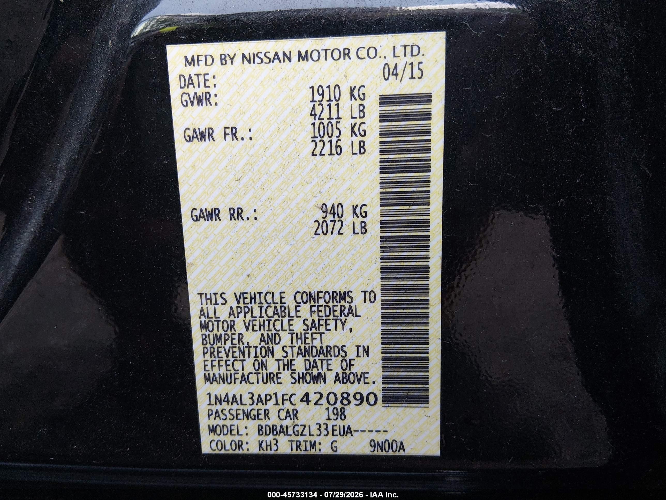 2015 Nissan Altima 2.5/2.5 S/2.5 Sl/2.5 Sv Black vin: 1N4AL3AP1FC420890