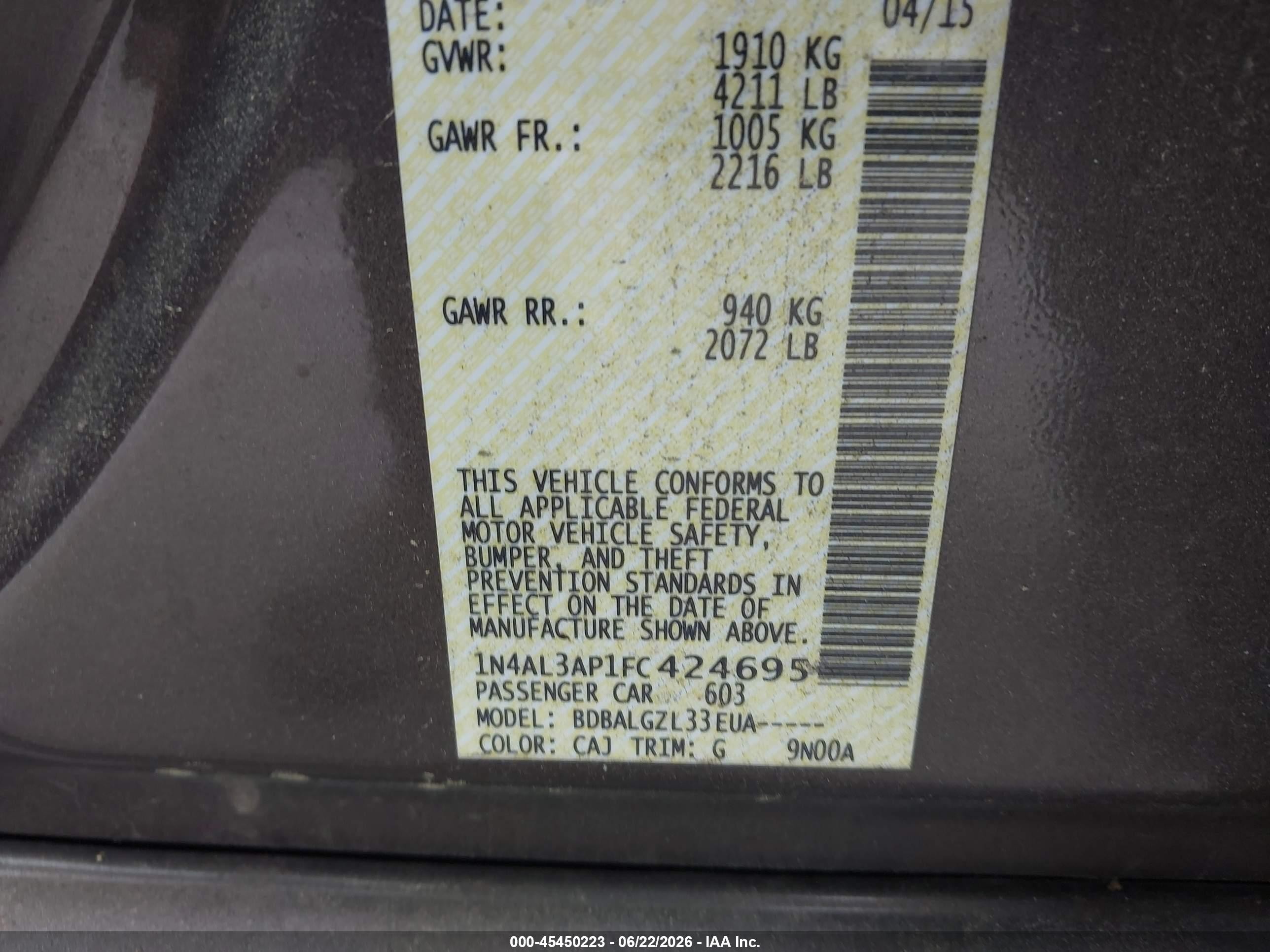 2015 Nissan Altima 2.5/2.5 S/2.5 Sl/2.5 Sv Gray vin: 1N4AL3AP1FC424695