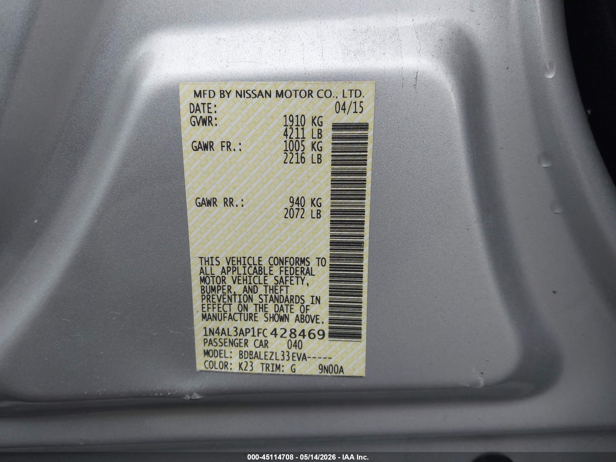 2015 Nissan Altima 2.5/2.5 S/2.5 Sl/2.5 Sv Silver vin: 1N4AL3AP1FC428469