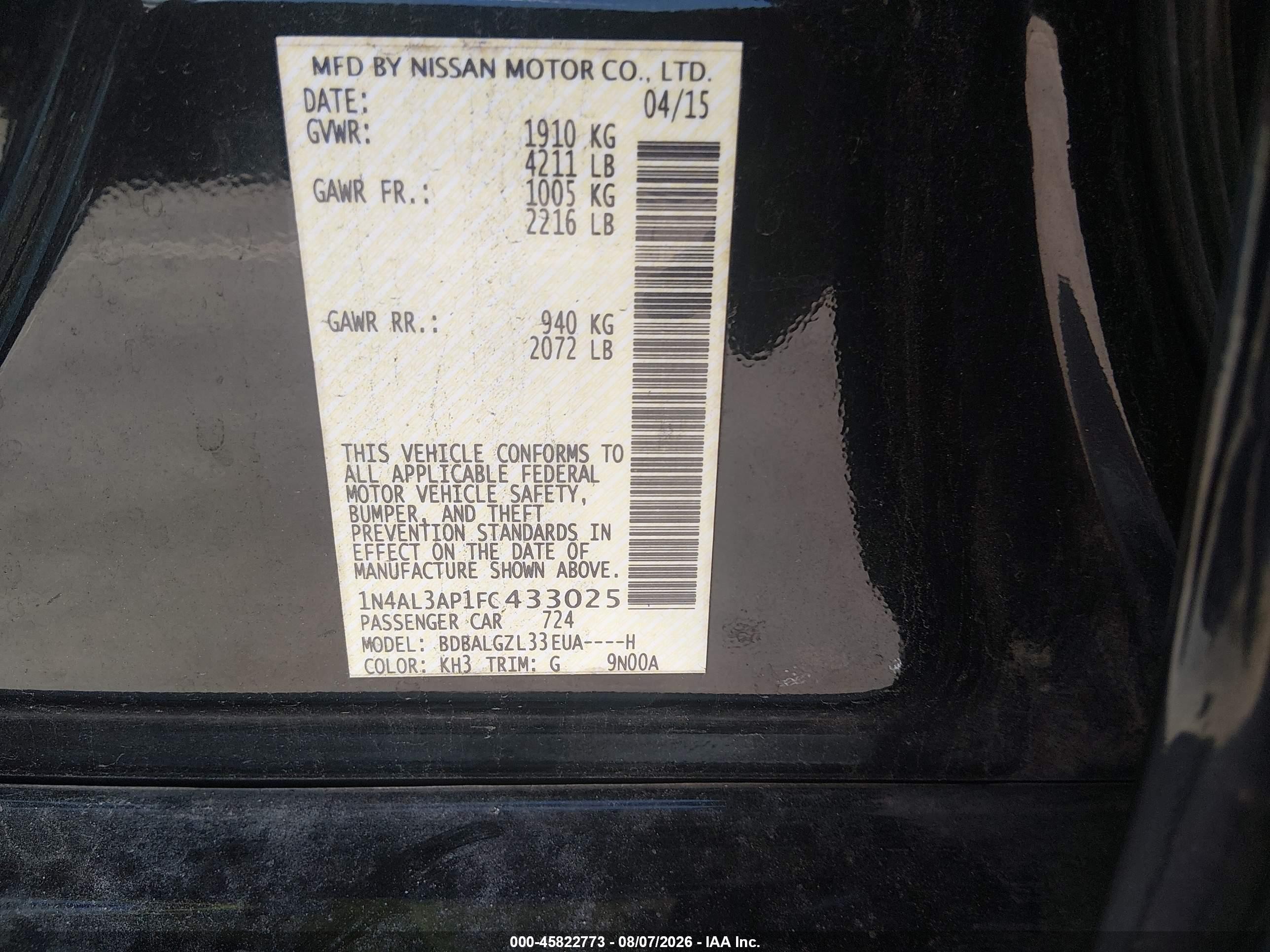 2015 Nissan Altima 2.5 S Black vin: 1N4AL3AP1FC433025
