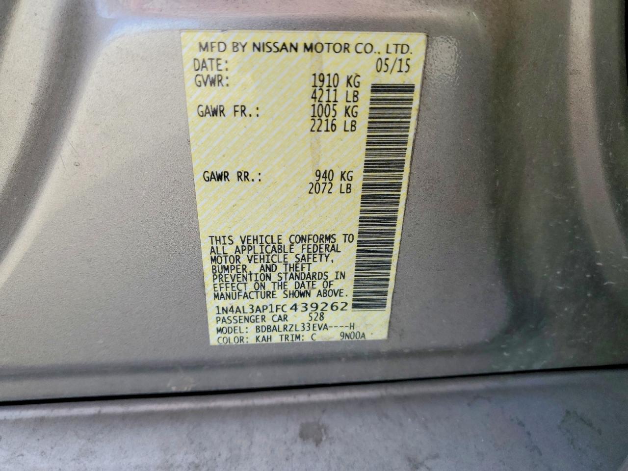 2015 Nissan Altima 2.5 Sl Silver vin: 1N4AL3AP1FC439262