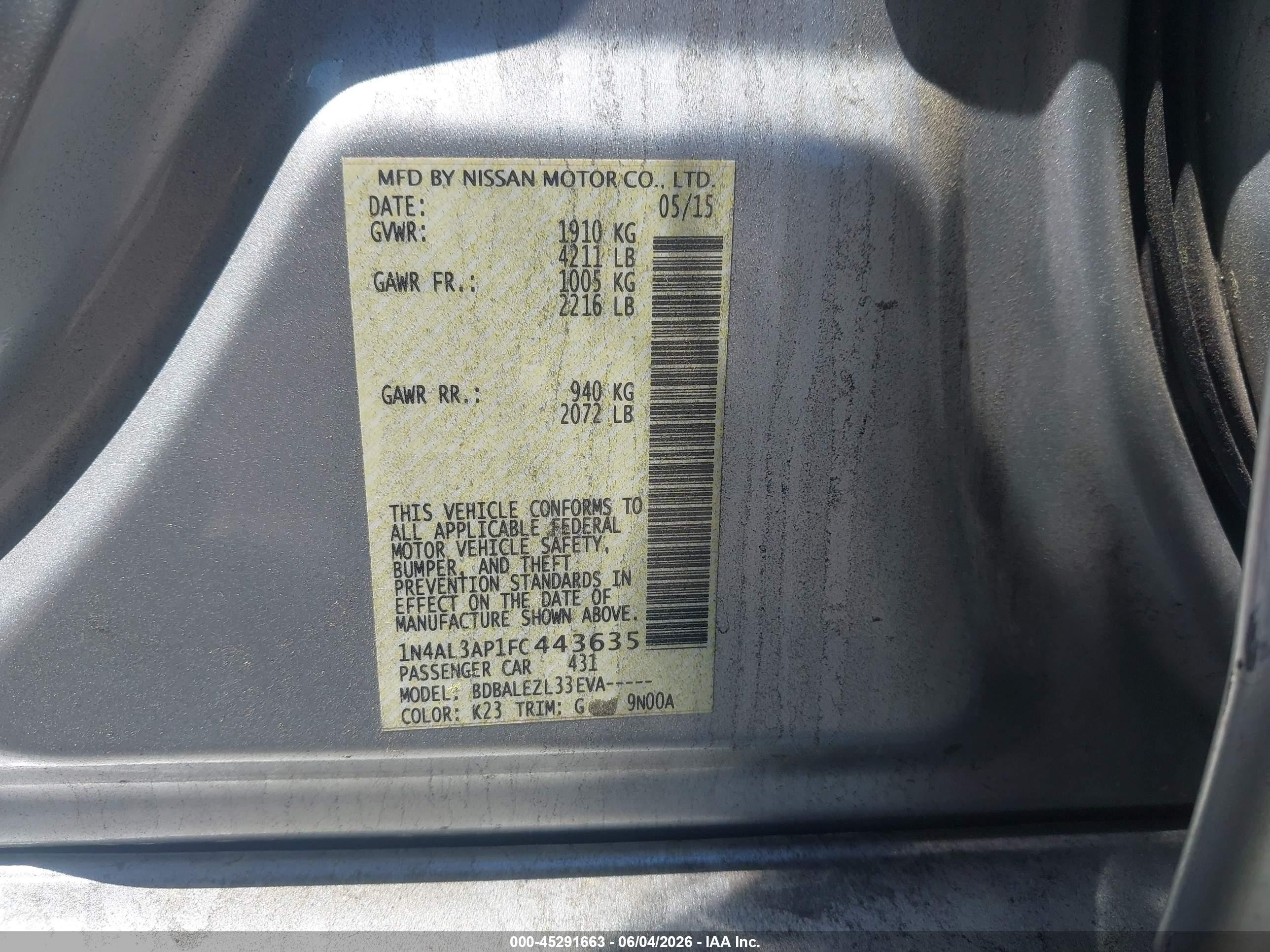 2015 Nissan Altima 2.5/2.5 S/2.5 Sl/2.5 Sv Silver vin: 1N4AL3AP1FC443635