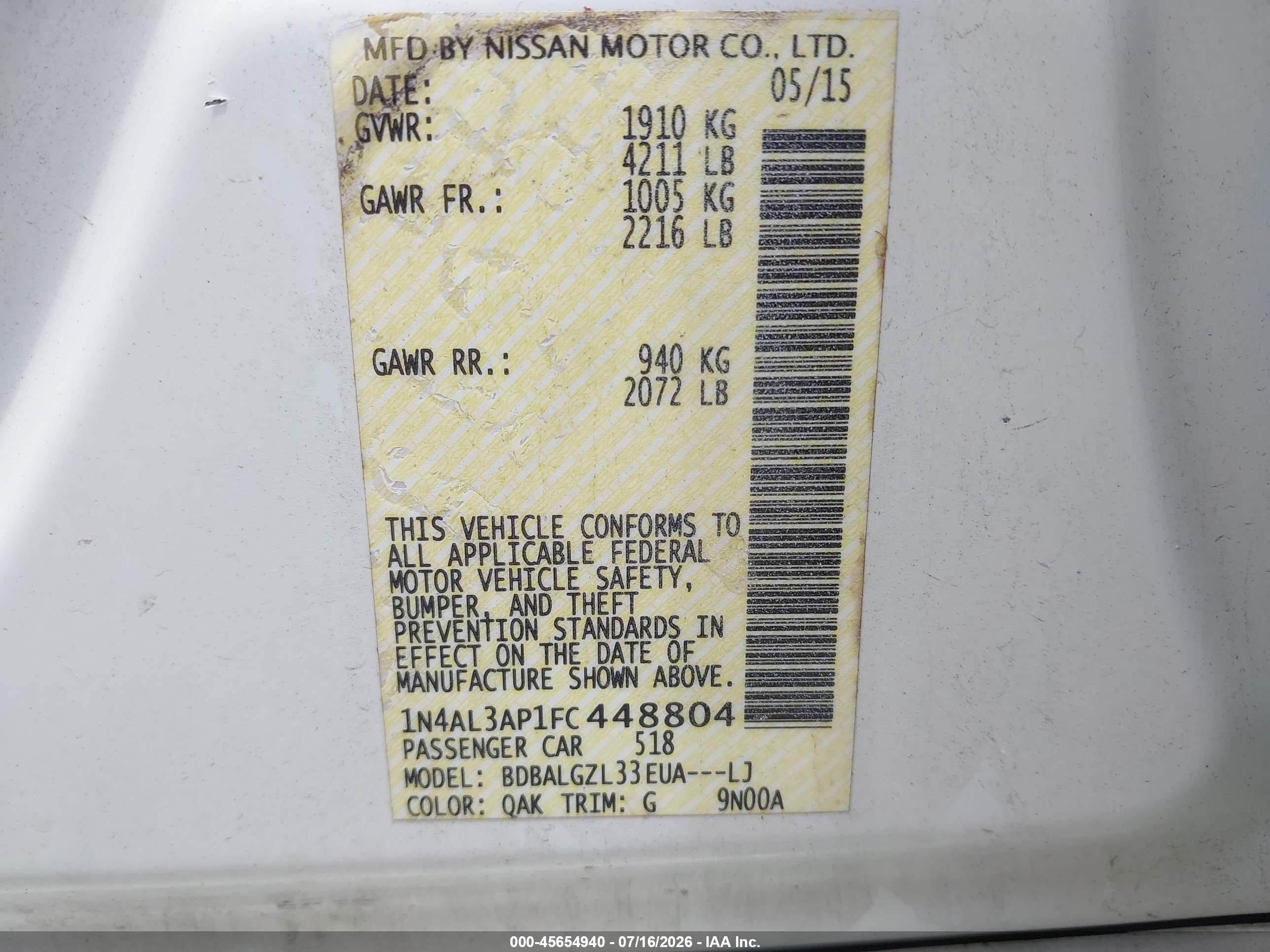 2015 Nissan Altima 2.5 S White vin: 1N4AL3AP1FC448804