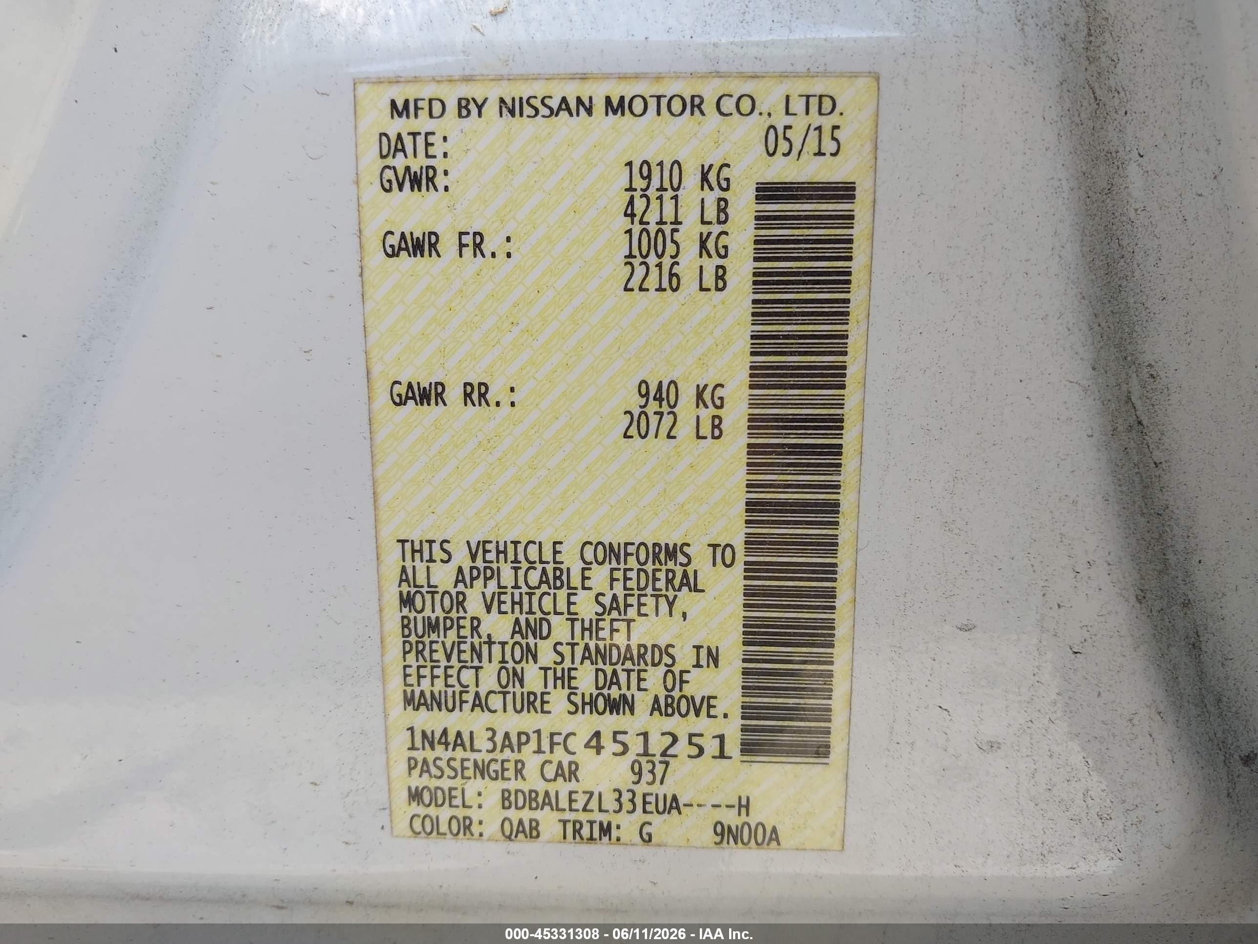 2015 Nissan Altima 2.5 S White vin: 1N4AL3AP1FC451251