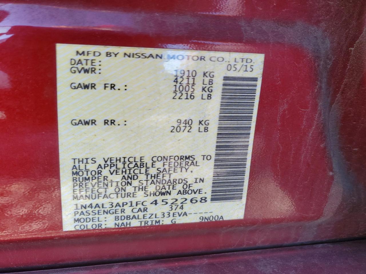 2015 Nissan Altima 2.5 S Red vin: 1N4AL3AP1FC452268