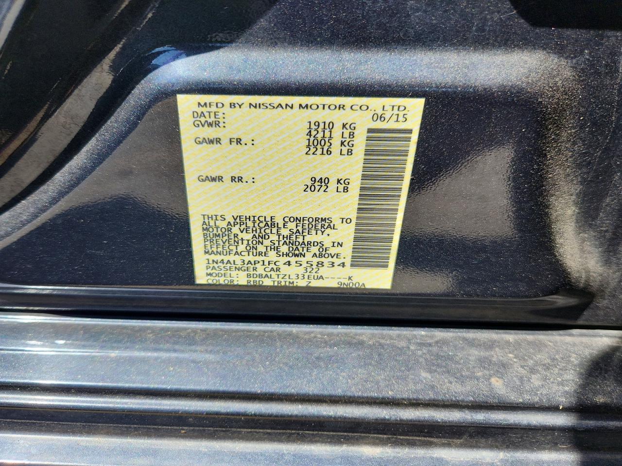 2015 Nissan Altima 2.5 Sl Угольный vin: 1N4AL3AP1FC455834